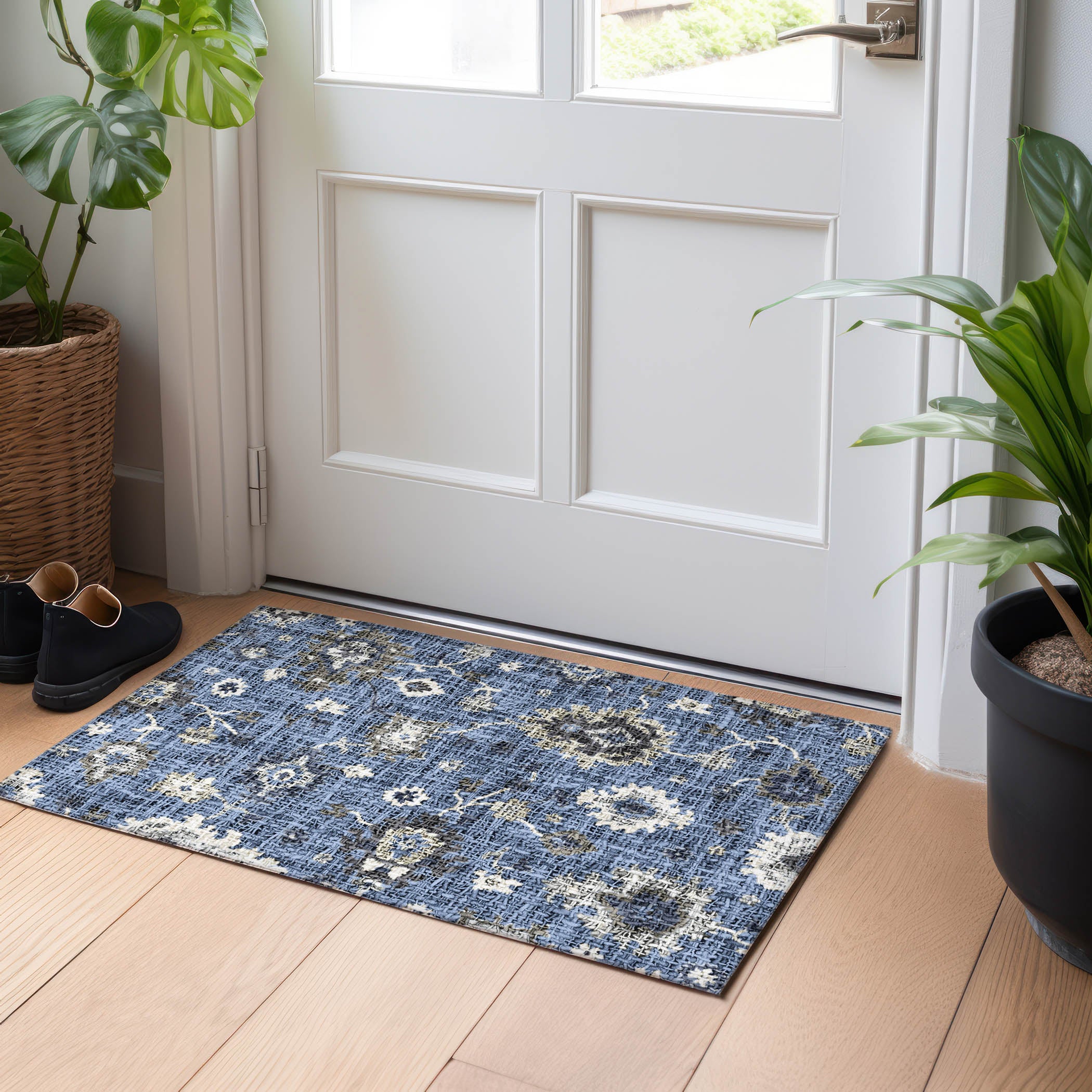 Luxury Washable Indoor/Outdoor Transitional PO6 Blue Rug 1'8" x 2'6" #shape_Rectangle