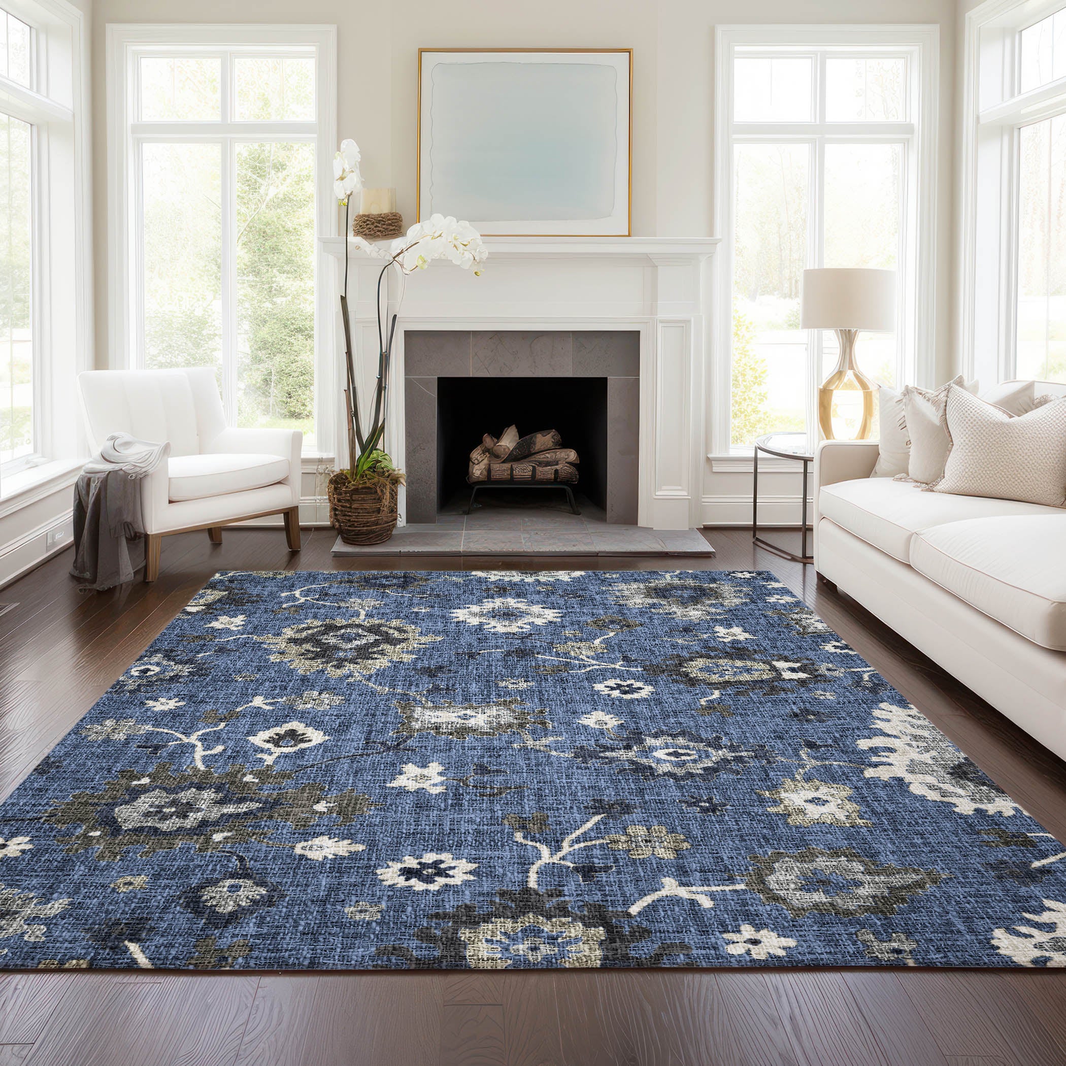 Luxury Washable Indoor/Outdoor Transitional PO6 Blue Rug 2'6" x 3'10" #shape_Rectangle