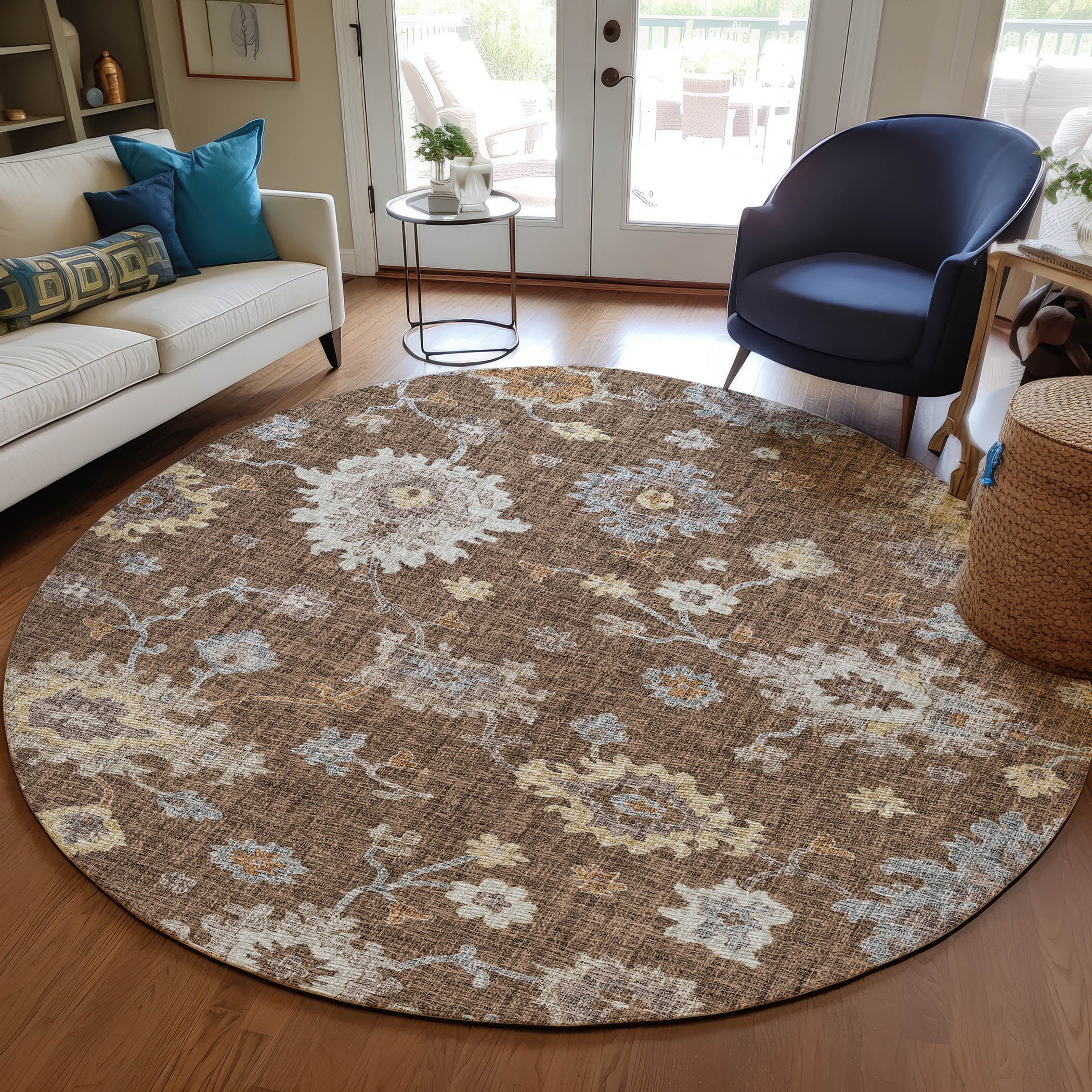 Luxury Washable Indoor/Outdoor Transitional PO6 Chocolate Brown Rug 8' x 8' #shape_Rectangle