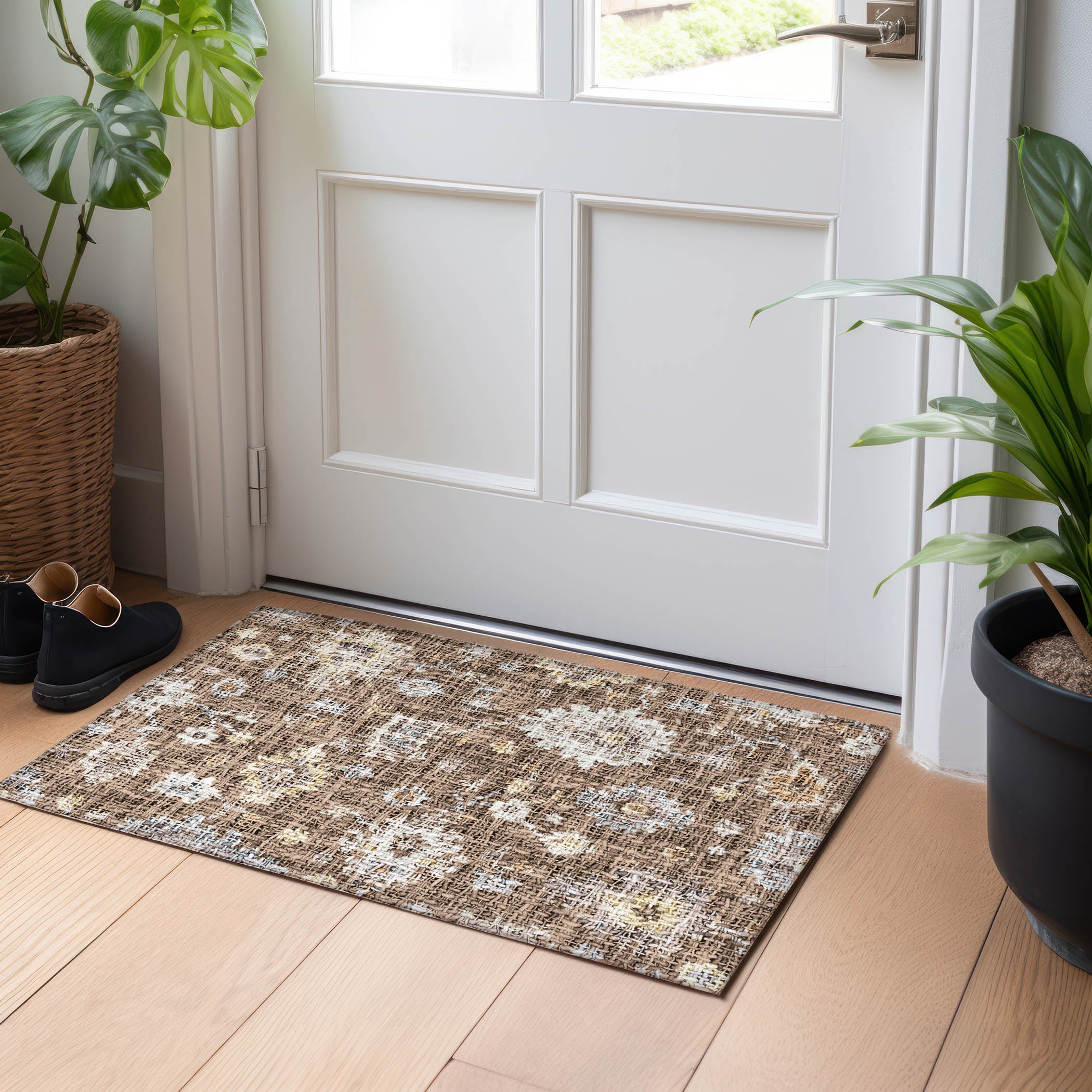 Luxury Washable Indoor/Outdoor Transitional PO6 Chocolate Brown Rug 1'8" x 2'6" #shape_Rectangle
