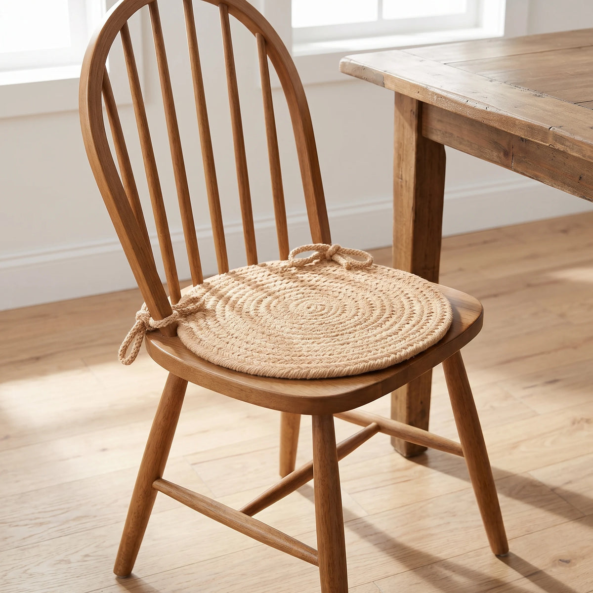Pura Braided Chair Pad - Wheat - tied on a wooden Windsor dining chair
