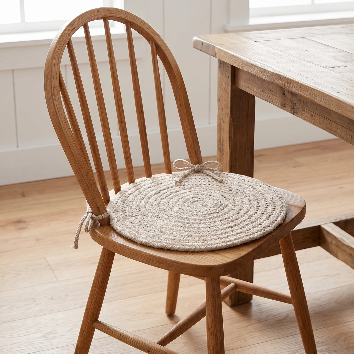Pura Braided Chair Pad - Light Grey - tied on a wooden Windsor dining chair