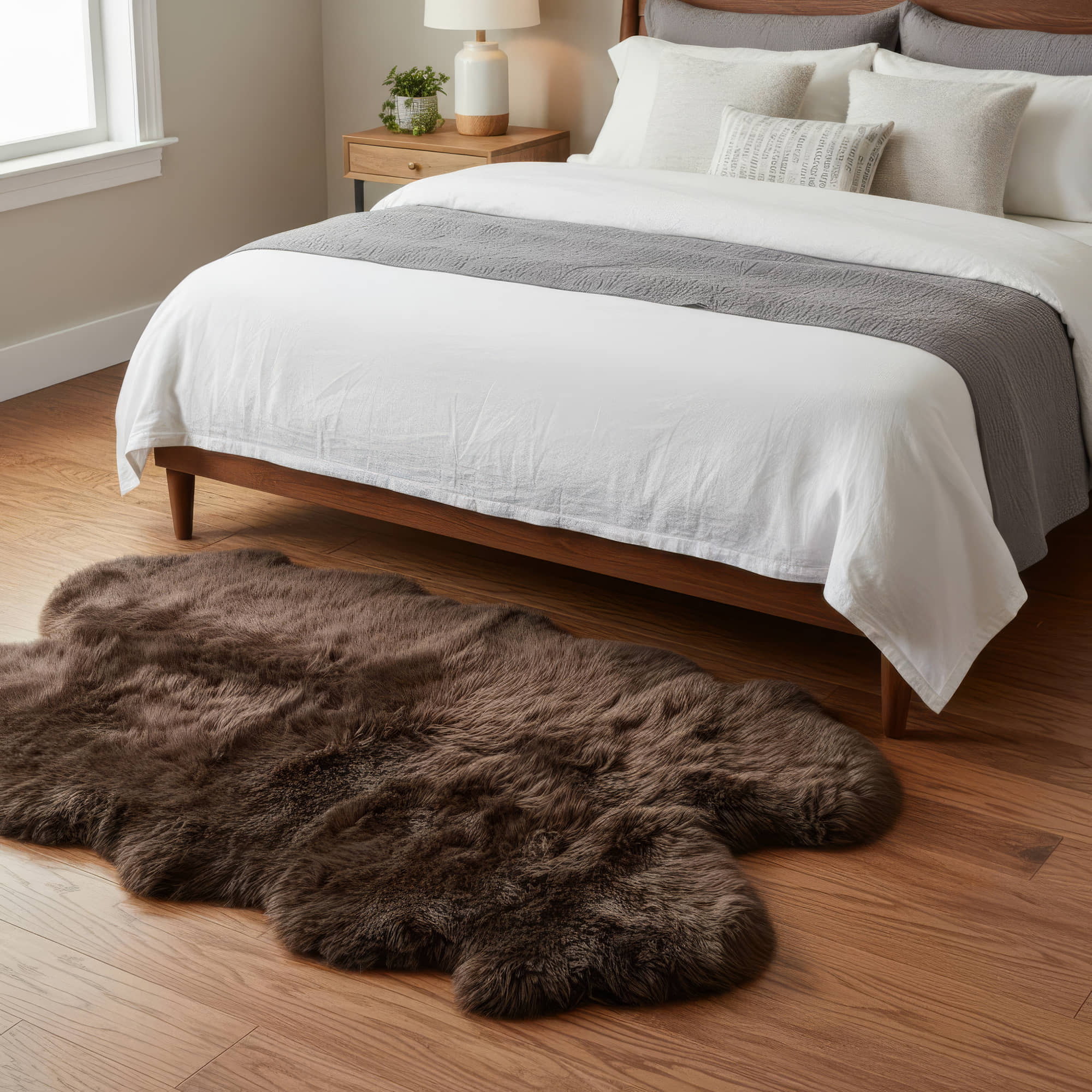 Bedroom with a bed featuring white bedding and gray blanket, brown fur rug on wooden floor. #size_4' x 6'