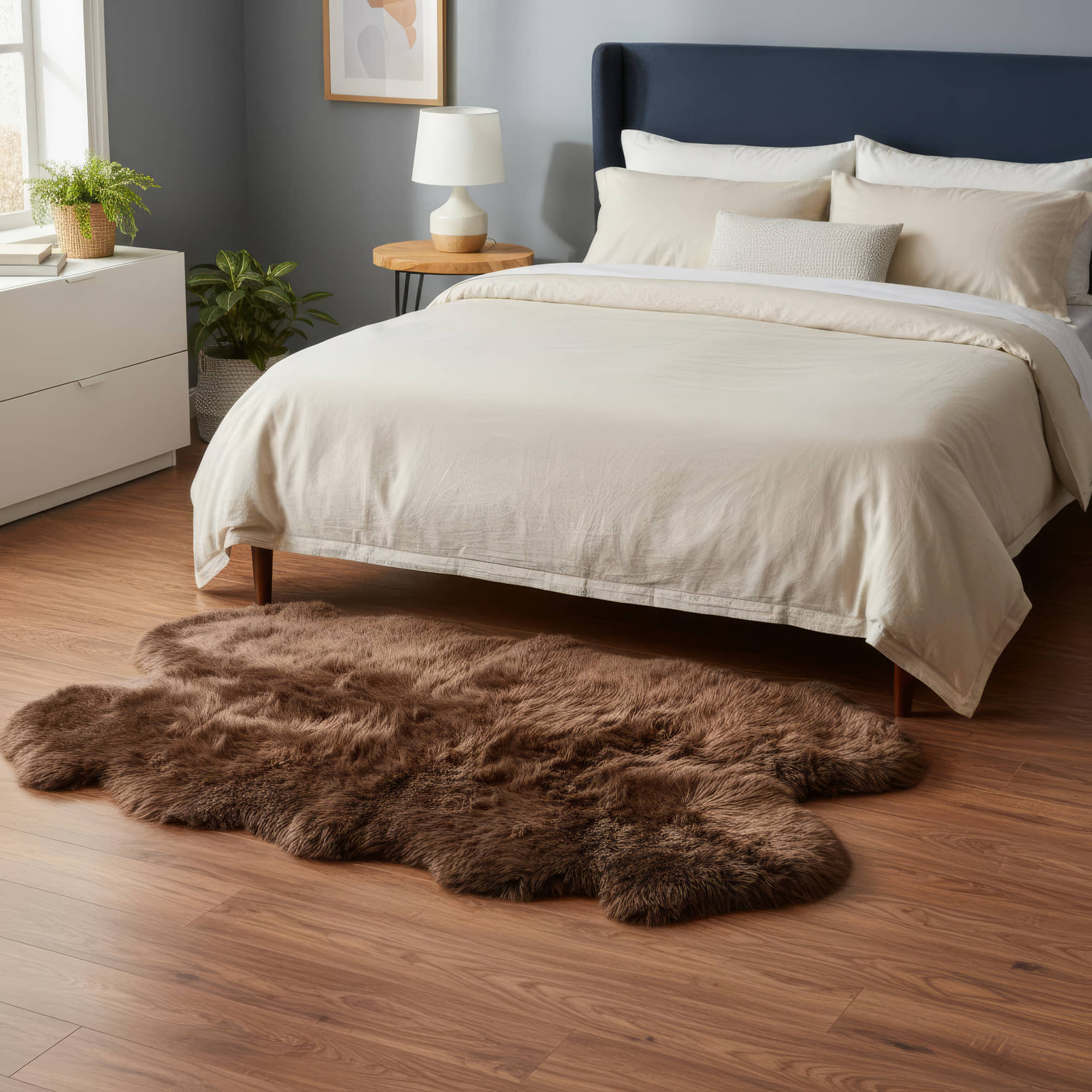 Brown fur rug on a wooden floor in a bedroom with a bed and nightstand. #size_4' x 6'