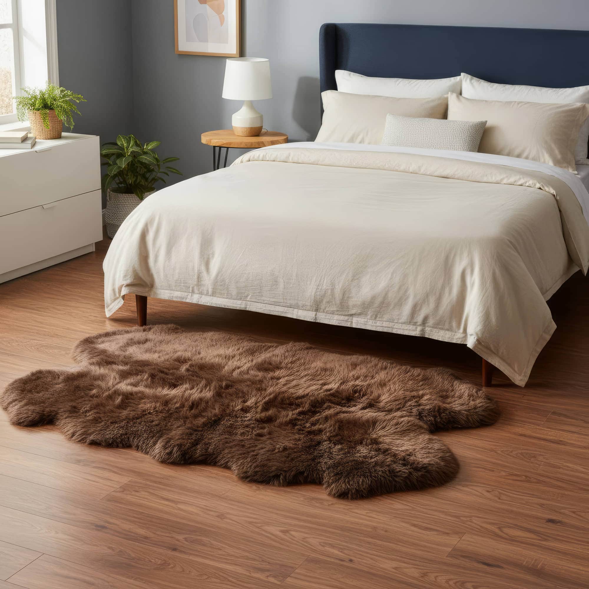 Brown fur rug on a wooden floor in a bedroom with a bed and nightstand. #size_4' x 6'