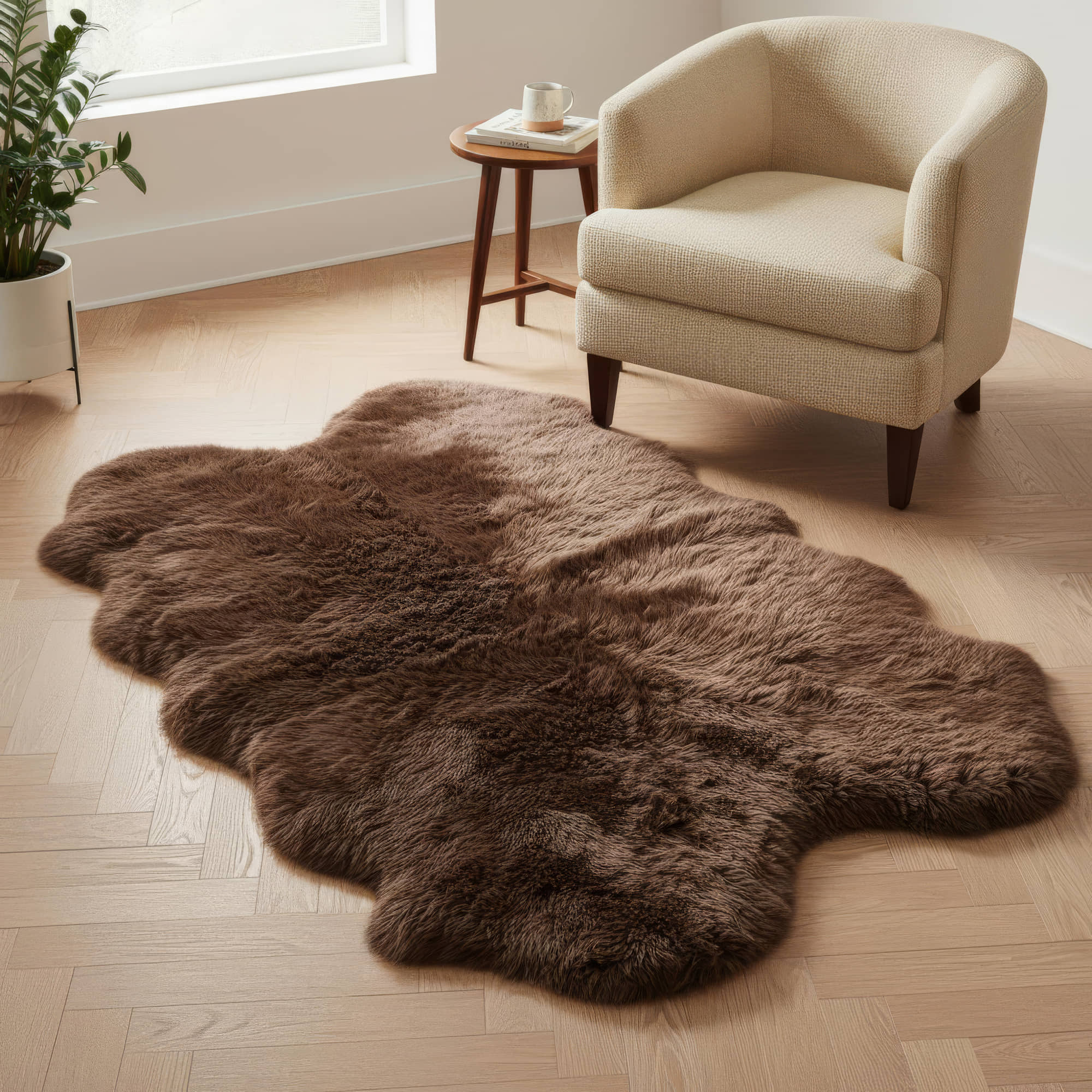 Brown fur rug on a wooden floor with a beige armchair and small table in the background. #size_4' x 6'