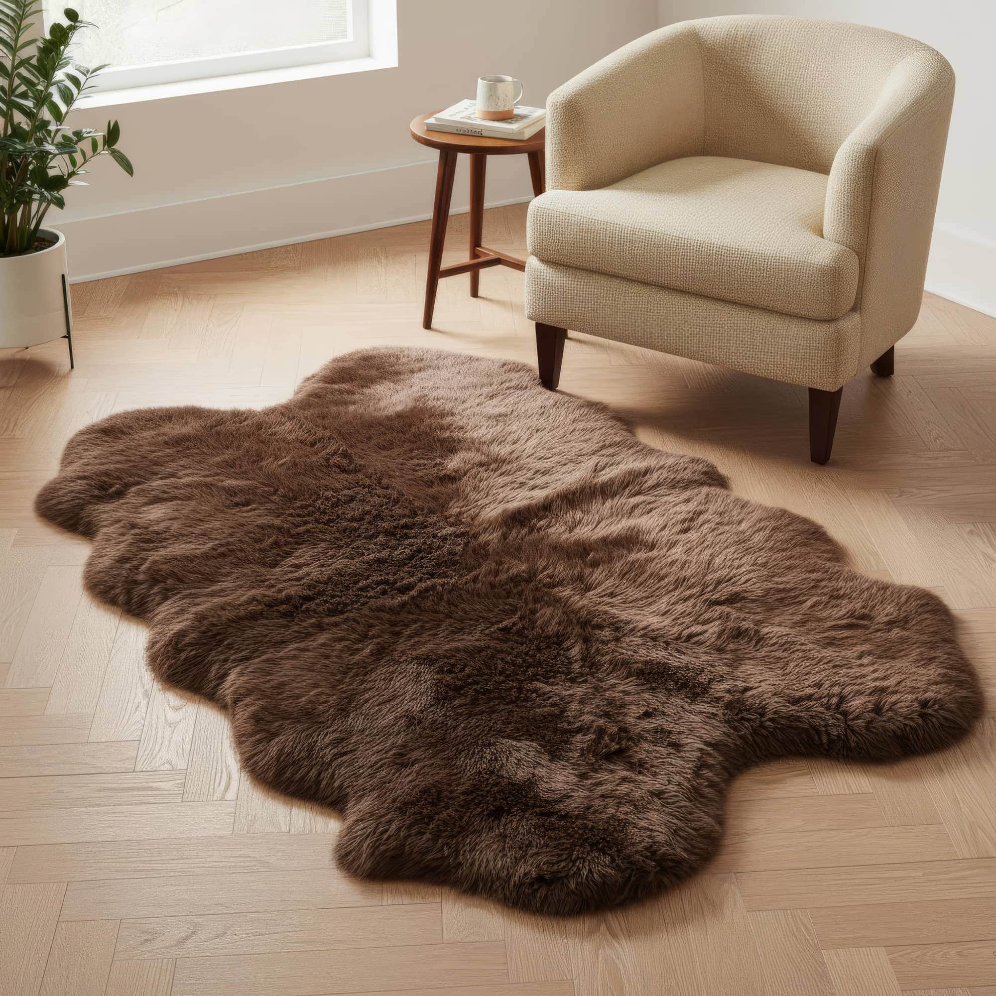 Brown fur rug on a wooden floor with a beige armchair and small table in the background. #size_4' x 6'