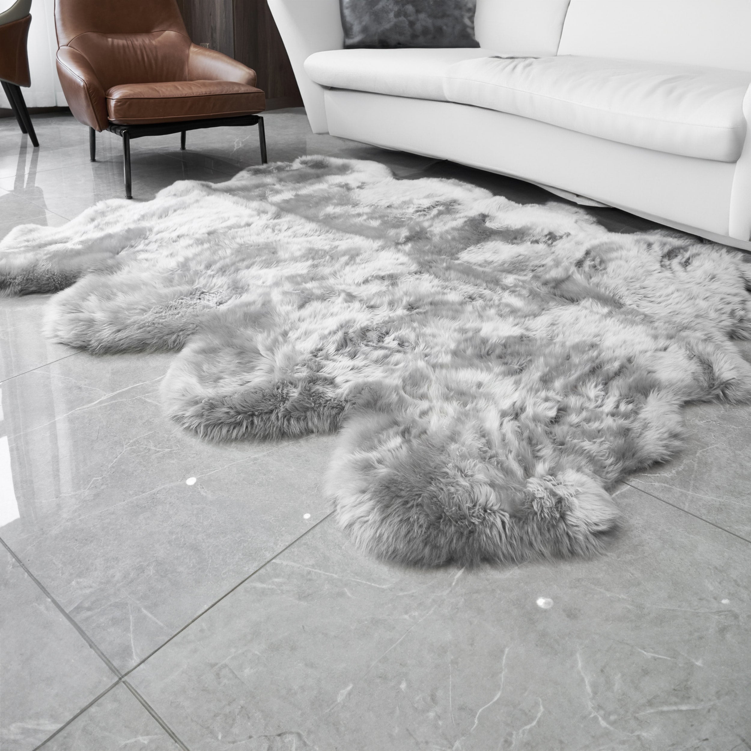 Natural Sheepskin Rug Shearling Fur Pelt Shaggy Carpet #color_Silver