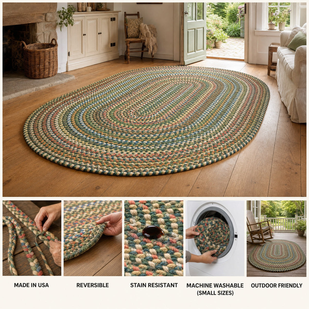 Roxbury braided rug features: made in USA, reversible, stain resistant, machine washable in small sizes, outdoor friendly
