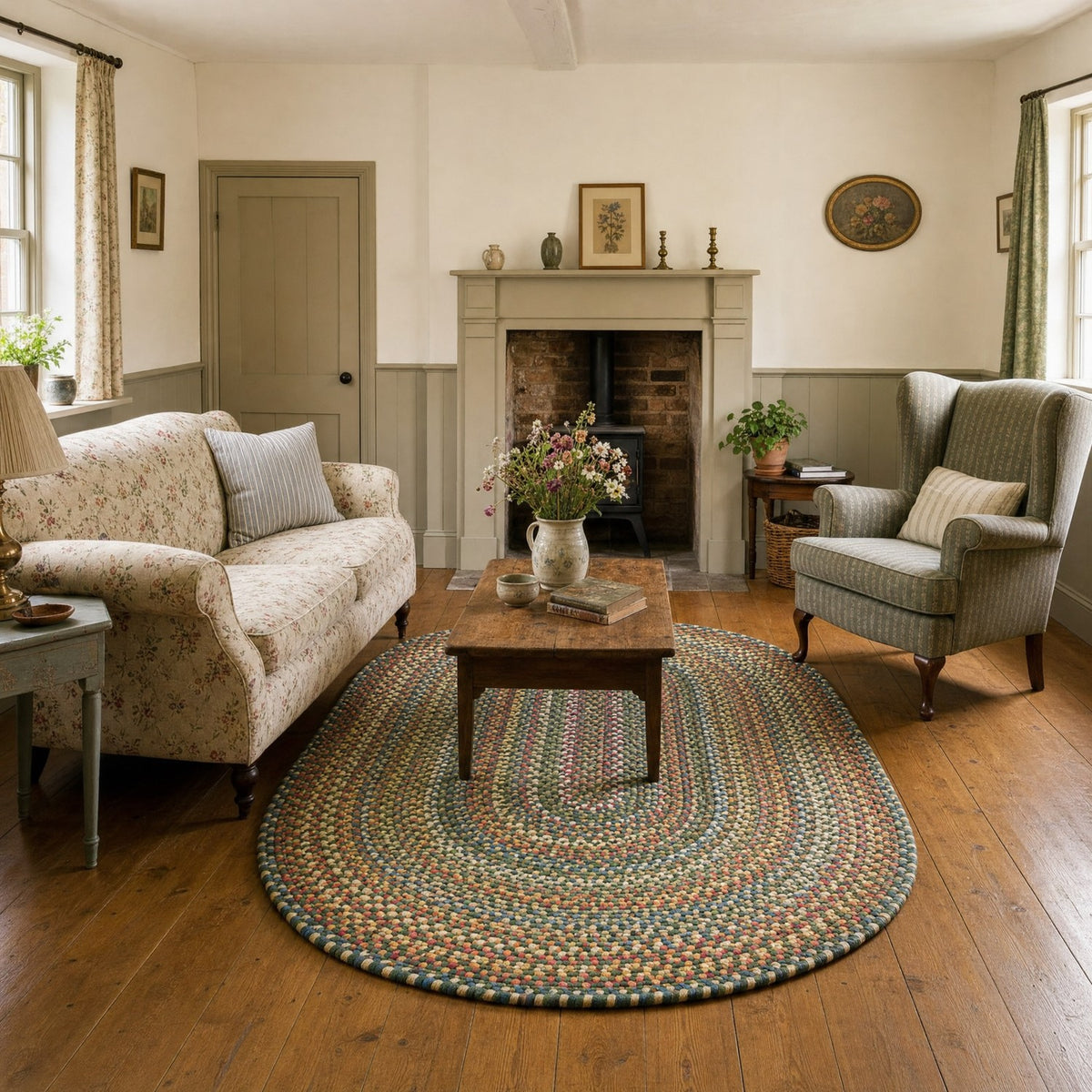 Roxbury Spruce Green braided rug, 4x6 oval in an English country cottage sitting room #Size_4' x 6' Oval