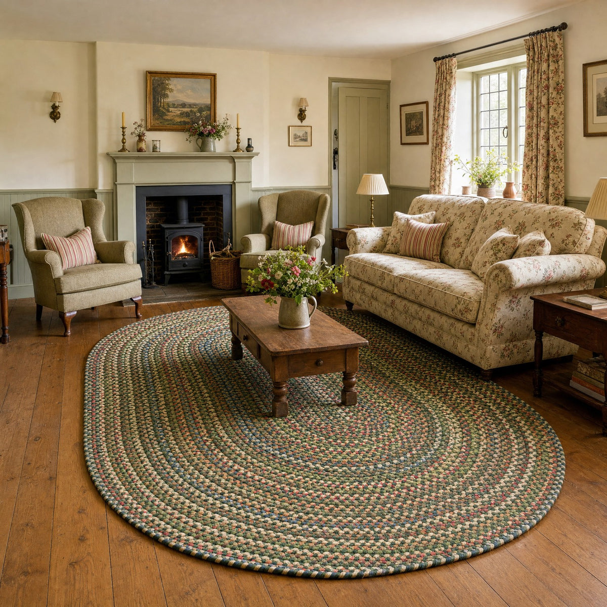 Roxbury Spruce Green braided rug, 5x8 oval in an English country cottage sitting room #Size_5' x 8' Oval