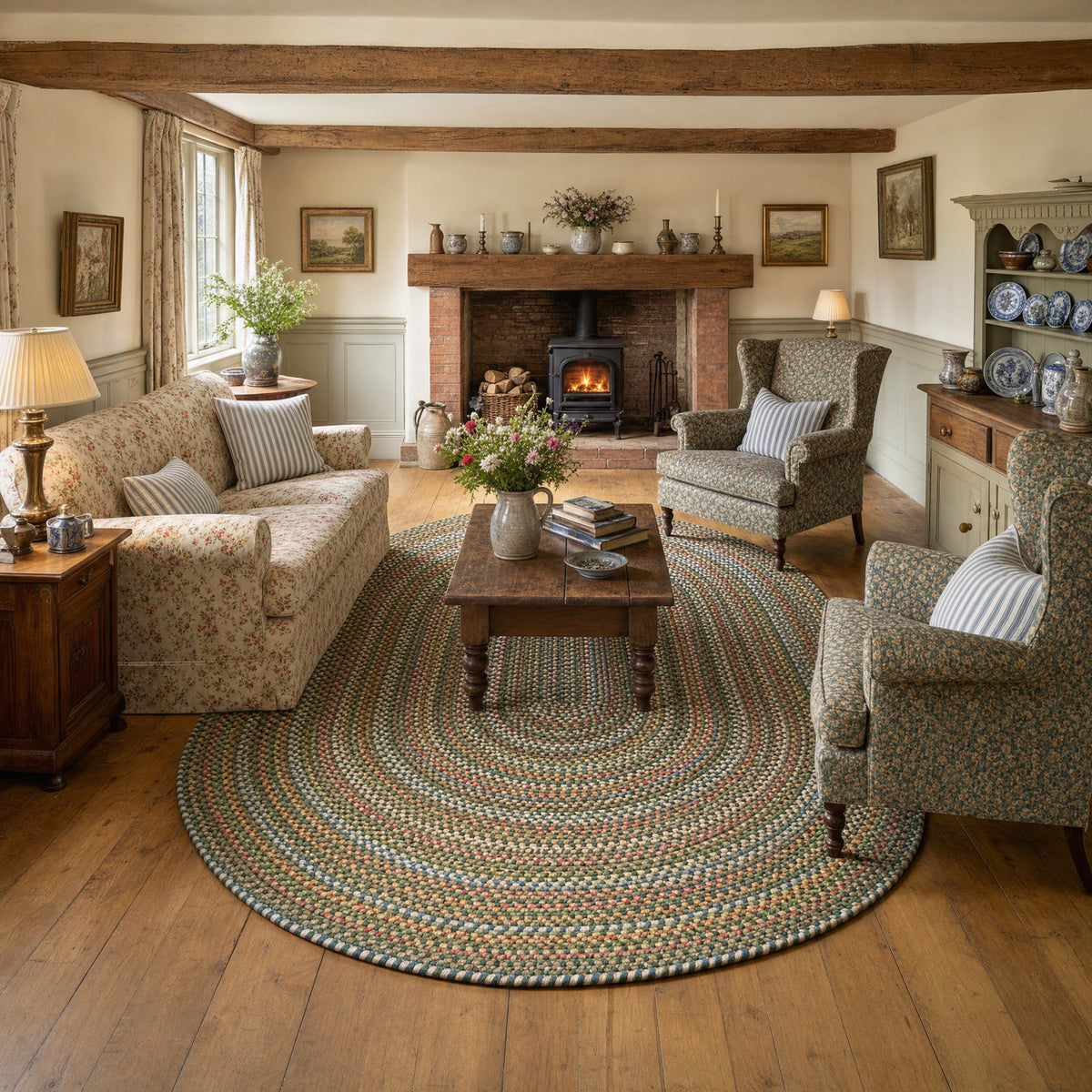 Roxbury Spruce Green braided rug, 7x9 oval in an English country cottage sitting room #Size_7' x 9' Oval