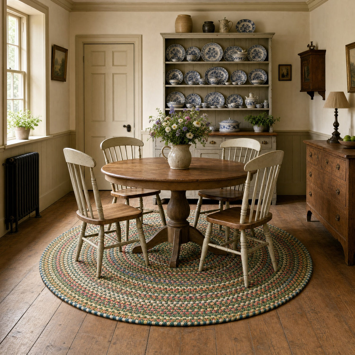 Roxbury Spruce Green braided rug, 6 ft round in a cottage dining room #Size_6' Round
