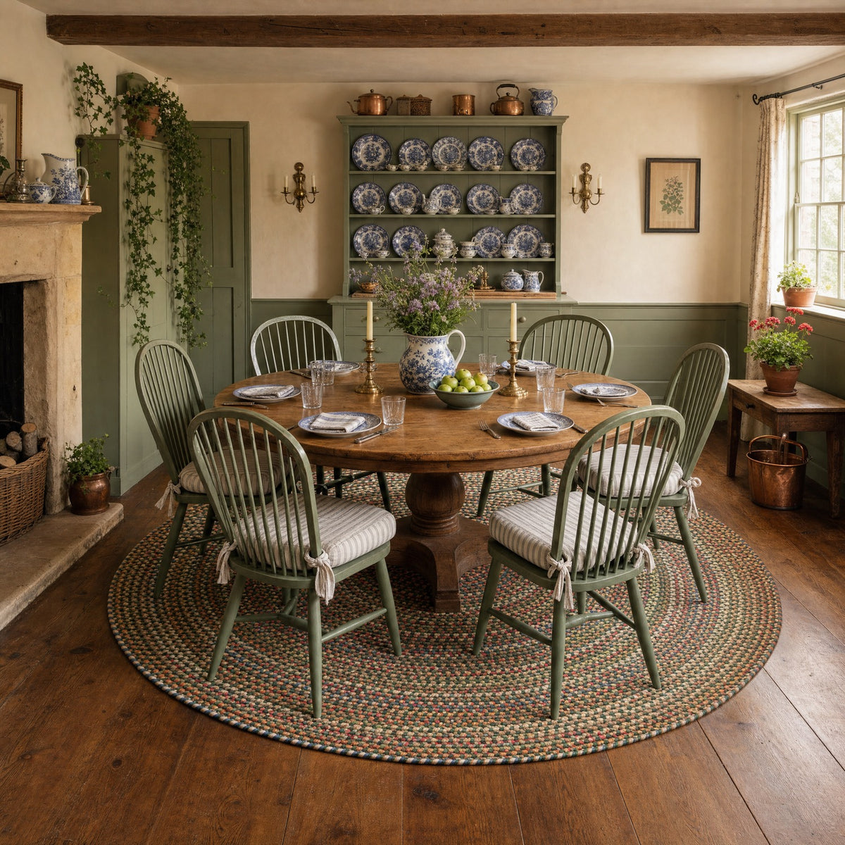 Roxbury Spruce Green braided rug, 8 ft round under a round cottage dining table #Size_8' Round
