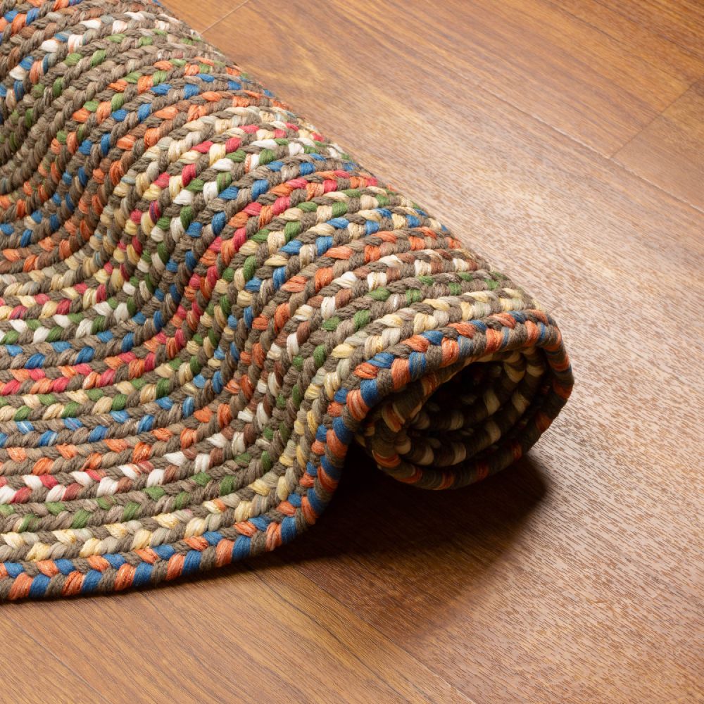 Roxbury Dark Taupe braided rug rolled to show the braid construction