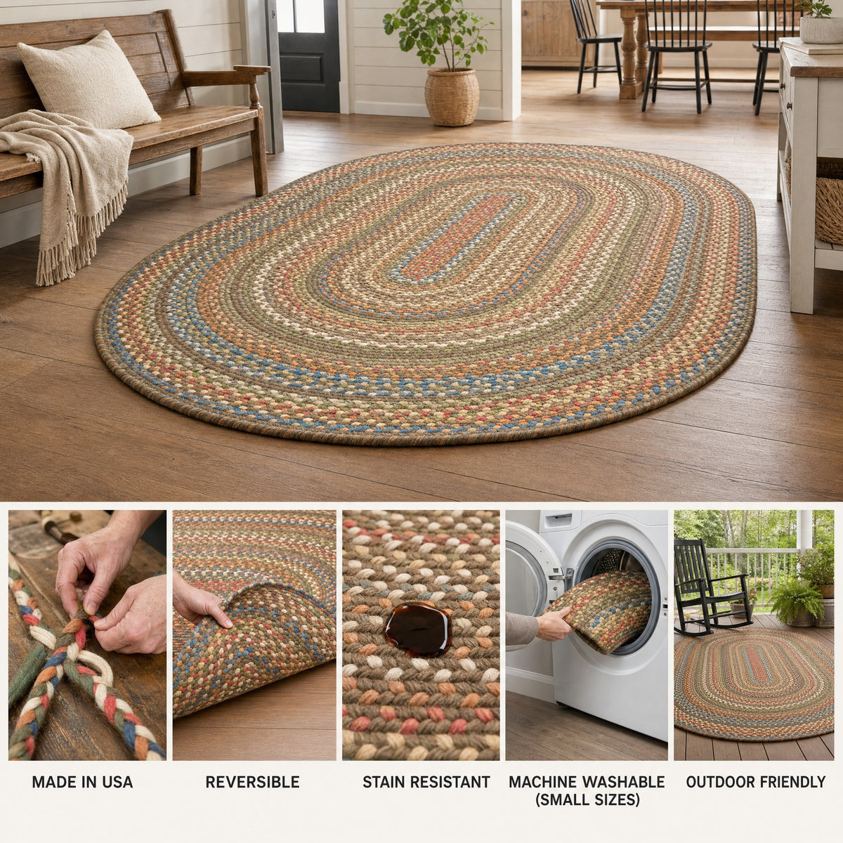 Roxbury braided rug features: made in USA, reversible, stain resistant, machine washable in small sizes, outdoor friendly