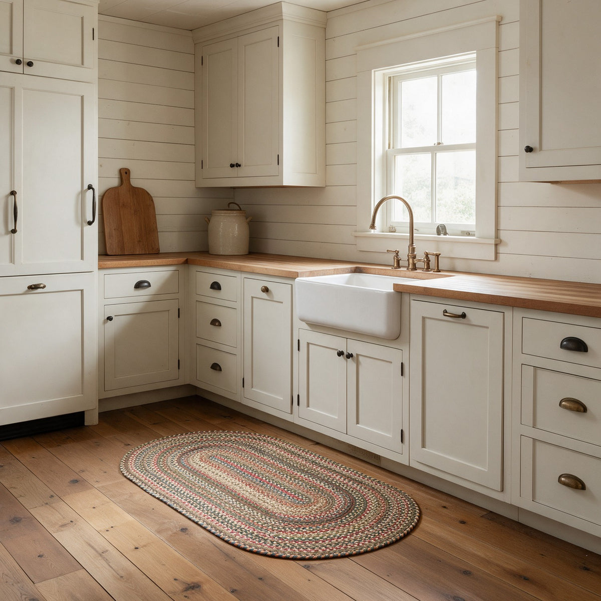 Roxbury Dark Taupe braided rug, 2x4 runner in front of a farmhouse kitchen sink #Size_2' x 4' Runner