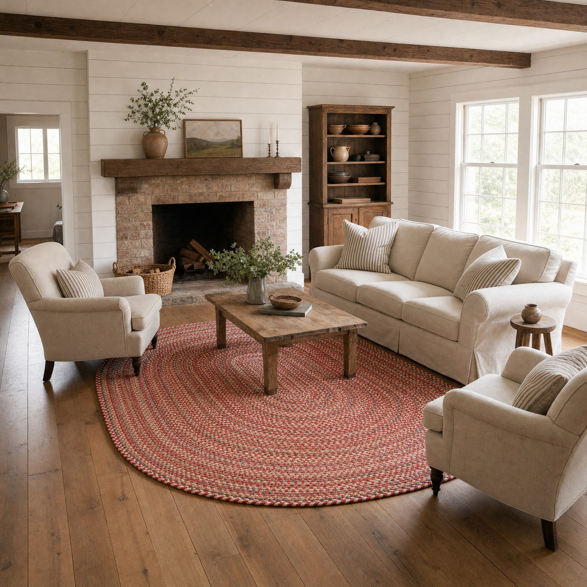 #Oval_5x8 - Roxbury Red braided rug, 5x8 oval in a farmhouse living room