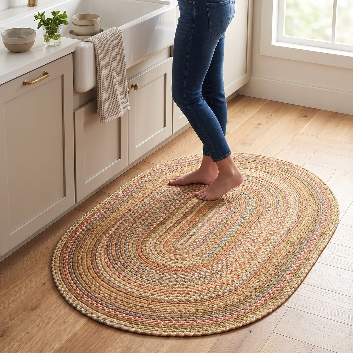Roxbury Straw Beige braided rug, 2x3 oval accent mat in a kitchen #Size_2' x 3' Oval