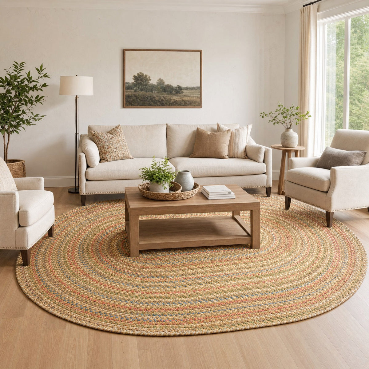 Roxbury Straw Beige braided rug, 7x9 oval in a large living room #Size_7' x 9' Oval