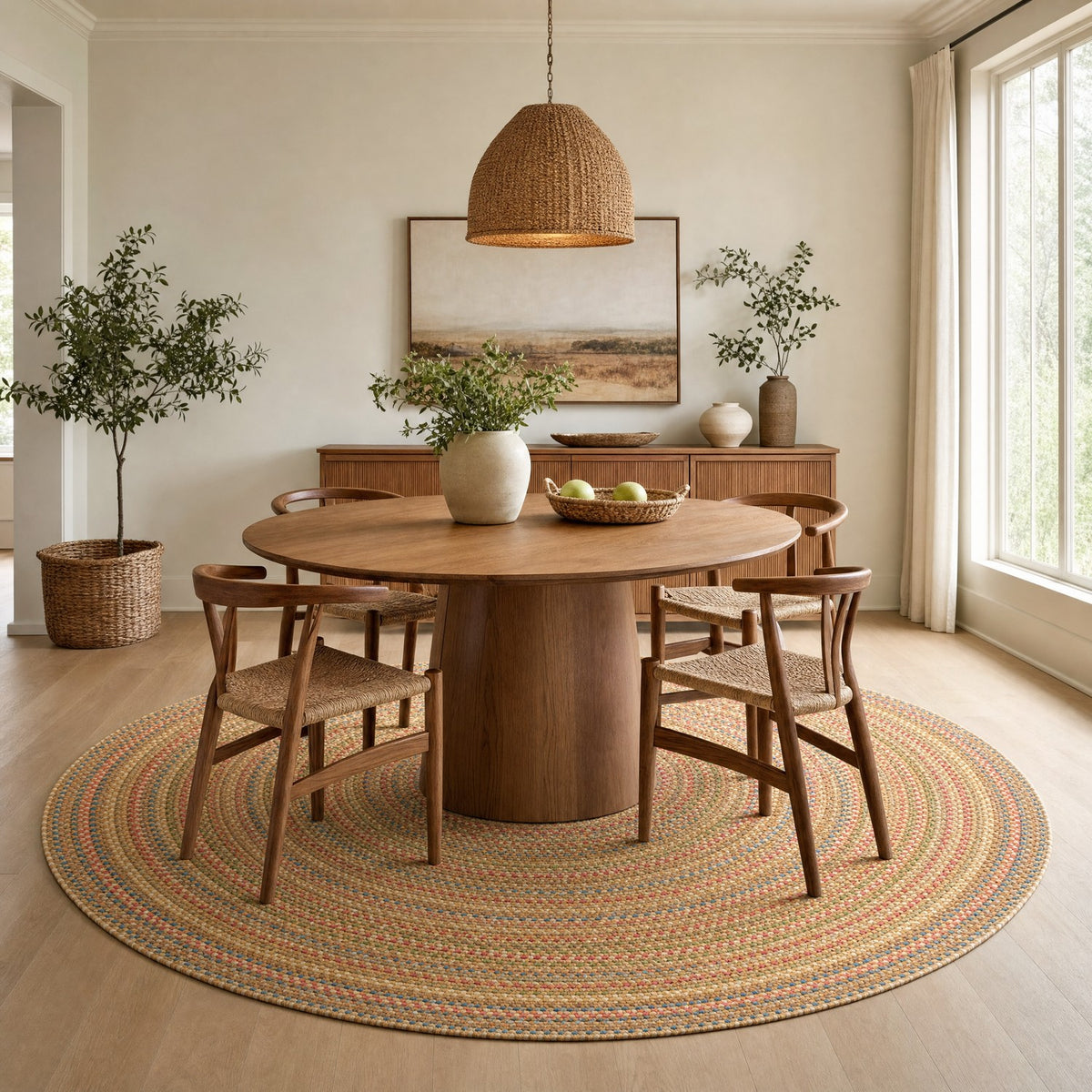 Roxbury Straw Beige braided rug, 8 foot round in a dining room #Size_8' Round