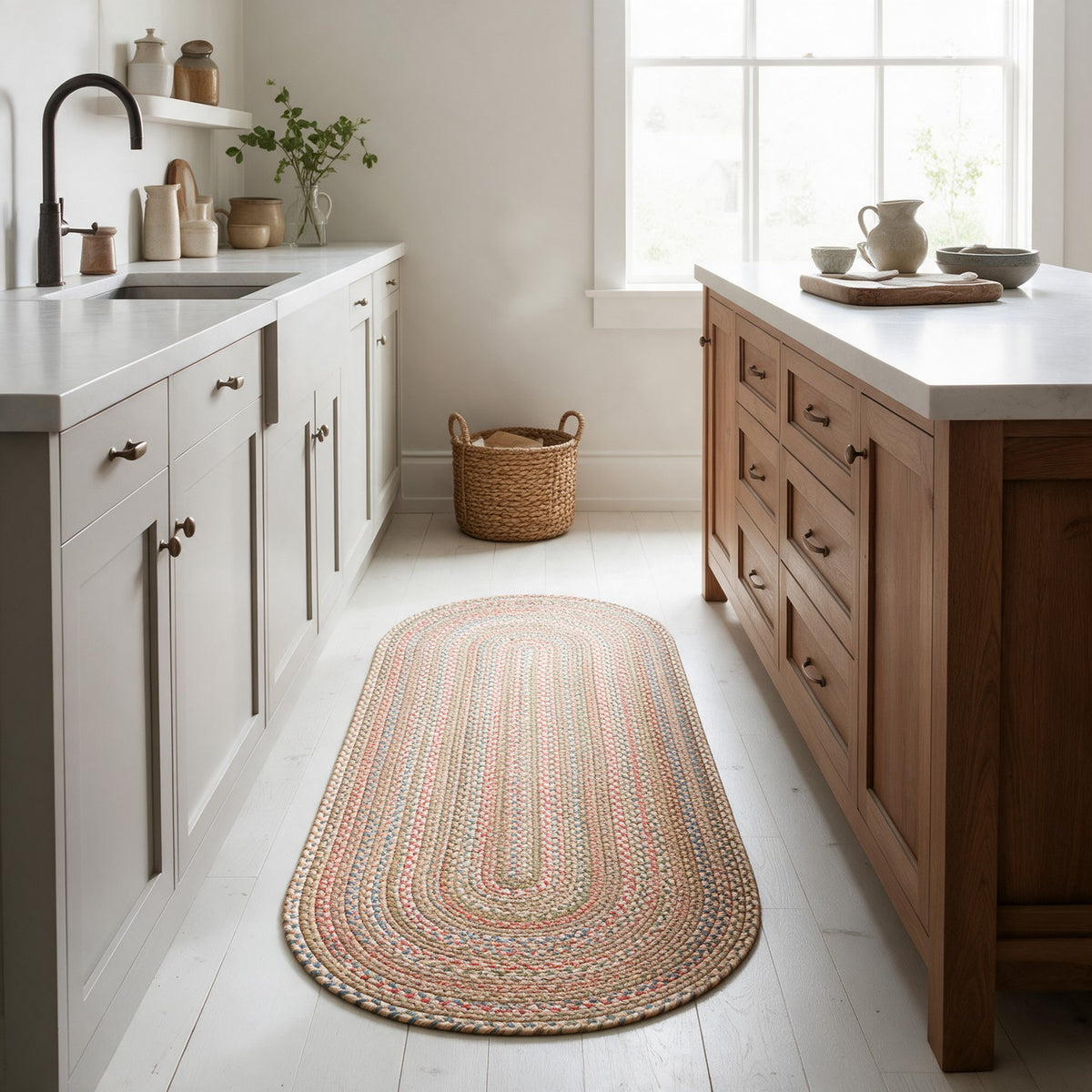 Roxbury Straw Beige braided rug, 2x6 runner in a galley kitchen #Size_2' x 6' Runner