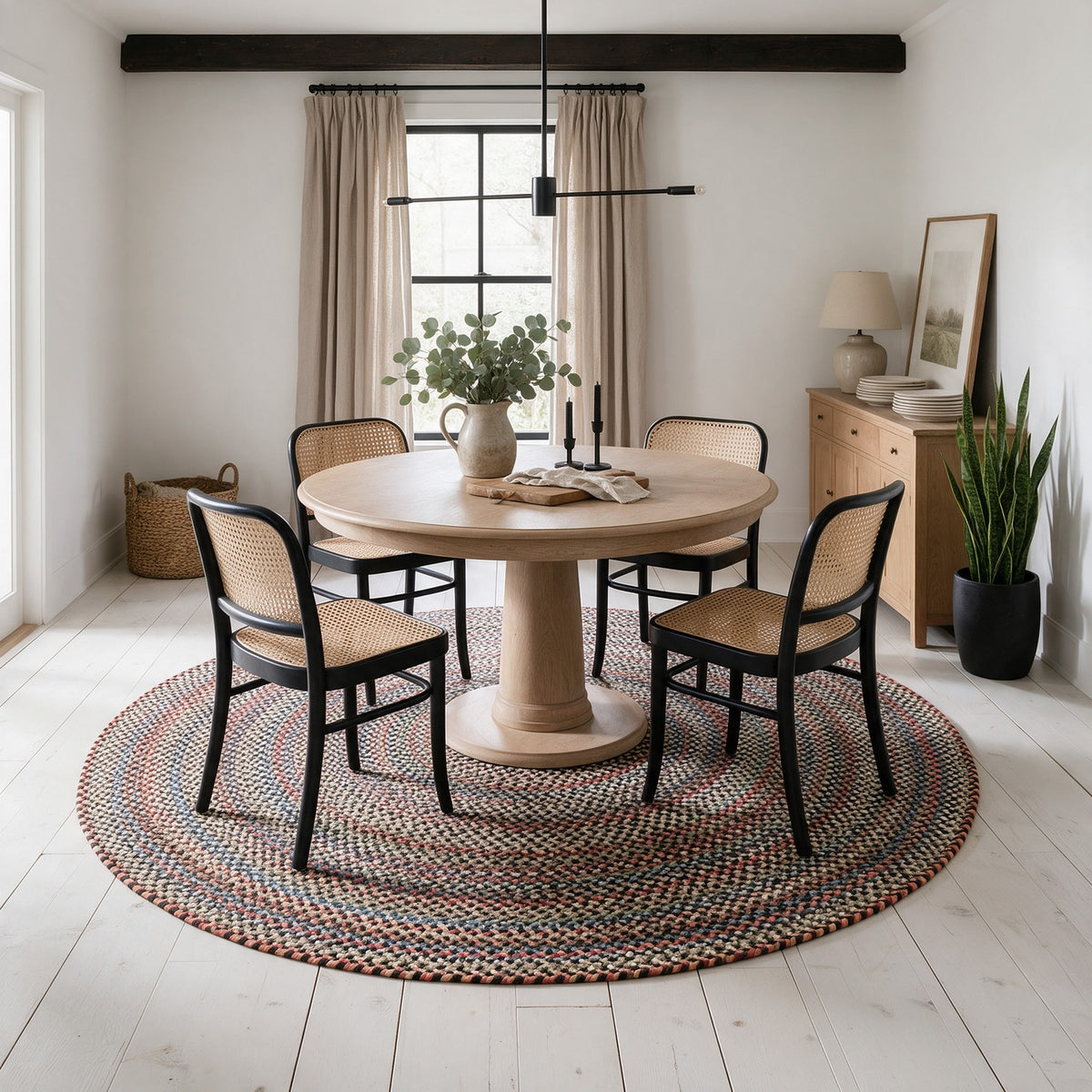 #Round_6 - Roxbury Charcoal braided rug, 6' round in a modern farmhouse dining room