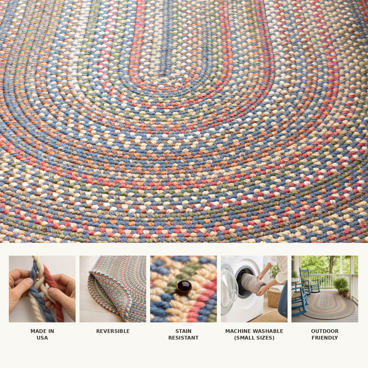 Roxbury Blue braided rug features - made in USA, reversible, stain resistant, machine washable in small sizes, outdoor friendly