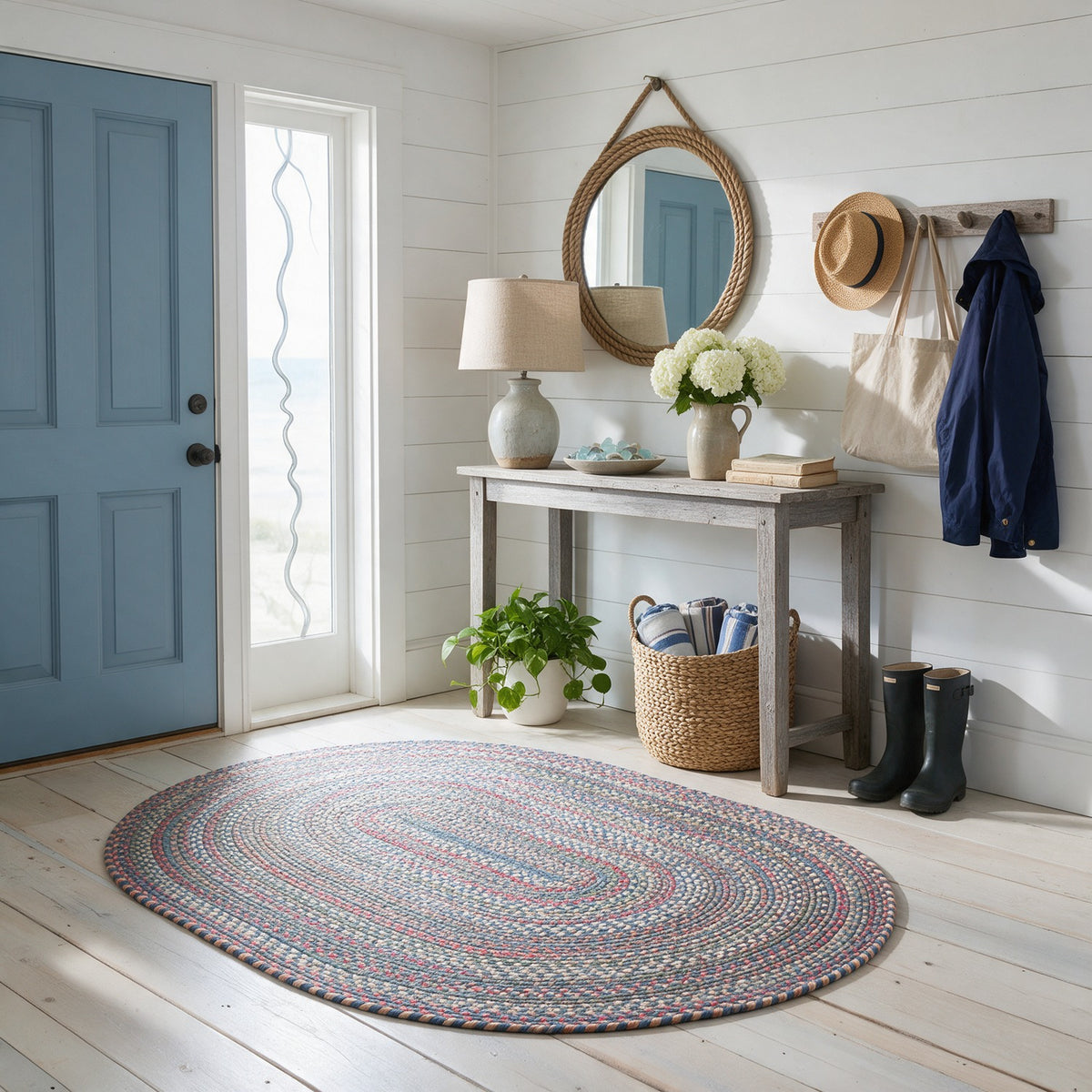Roxbury Blue braided rug, 3x5 oval in a coastal cottage entry hall #Size_3' x 5' Oval
