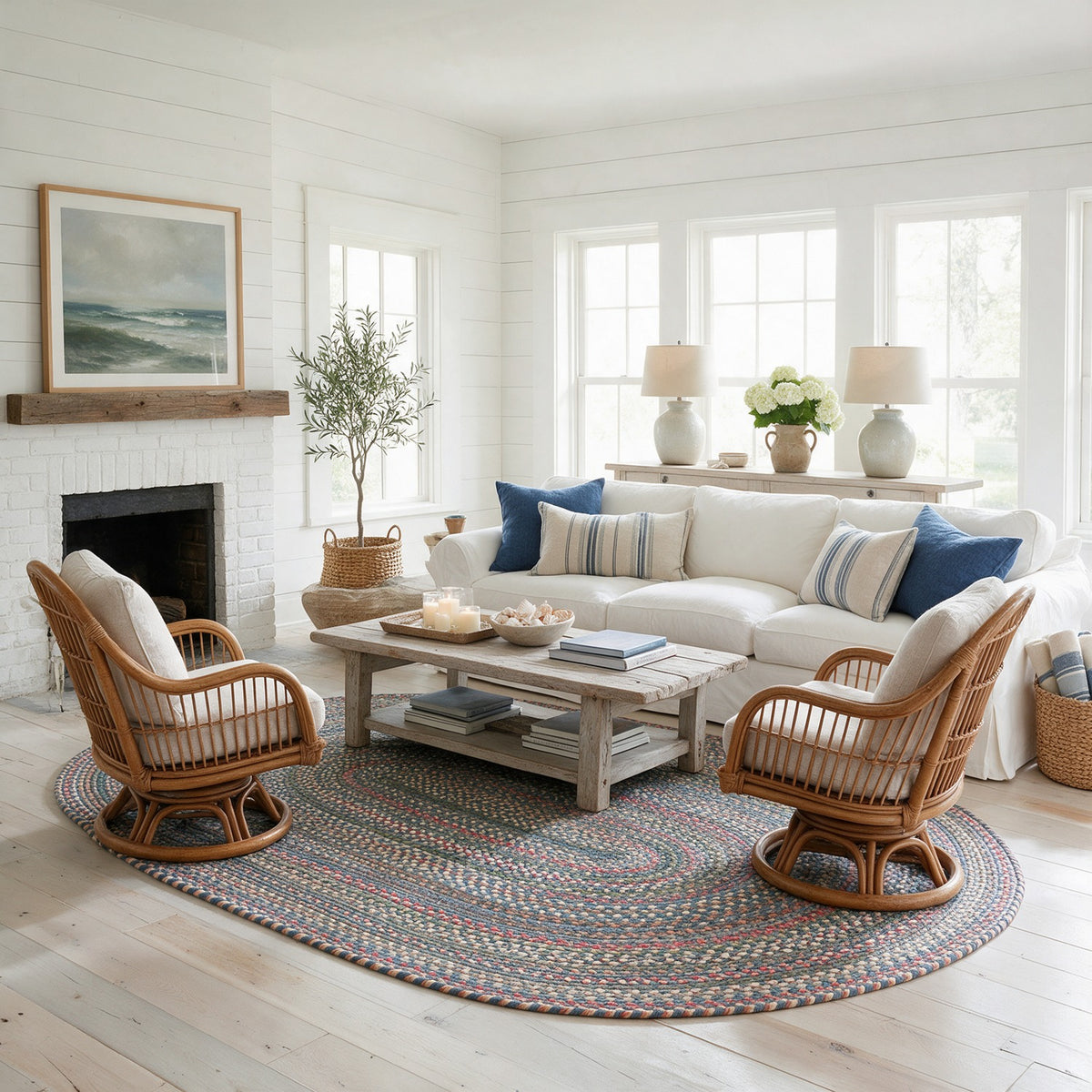Roxbury Blue braided rug, 7x9 oval in a coastal cottage living room #Size_7' x 9' Oval