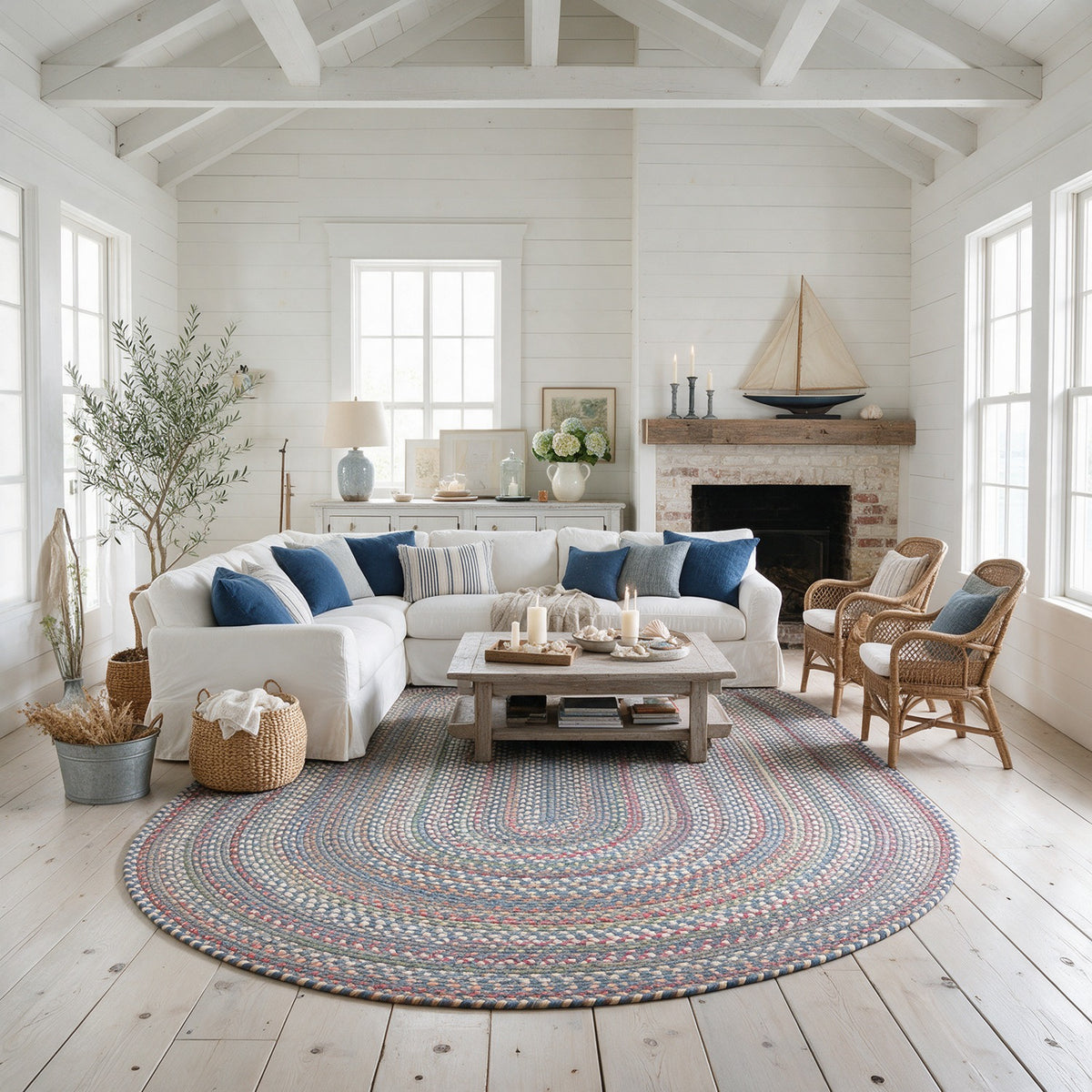 Roxbury Blue braided rug, 8x11 oval in a coastal cottage great room #Size_8' x 11' Oval