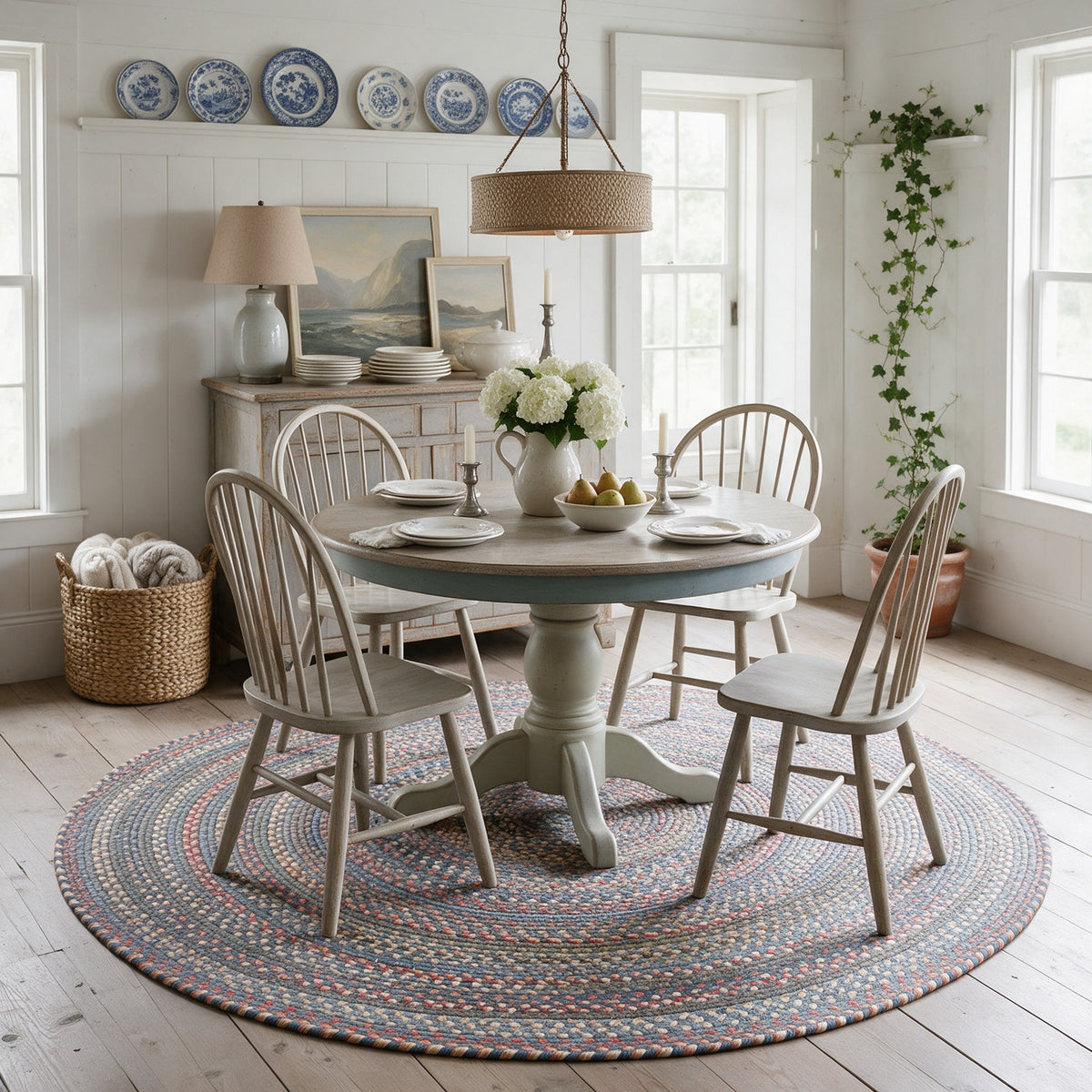 Roxbury Blue braided rug, 6 foot round in a coastal cottage dining room #Size_6' Round