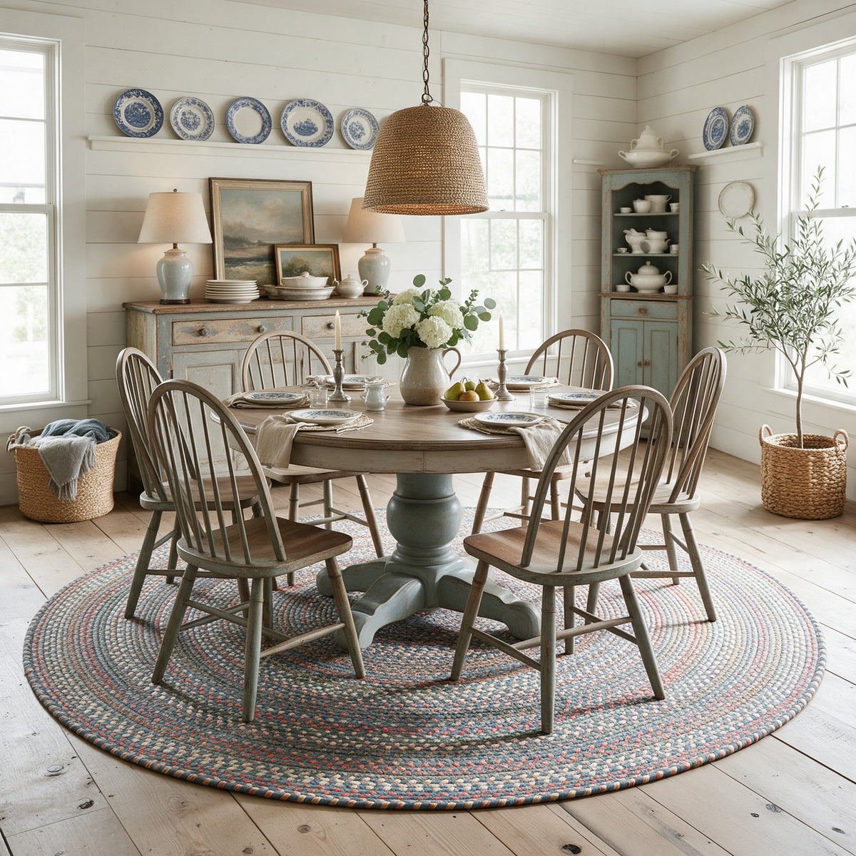 Roxbury Blue braided rug, 8 foot round in a coastal cottage dining room #Size_8' Round