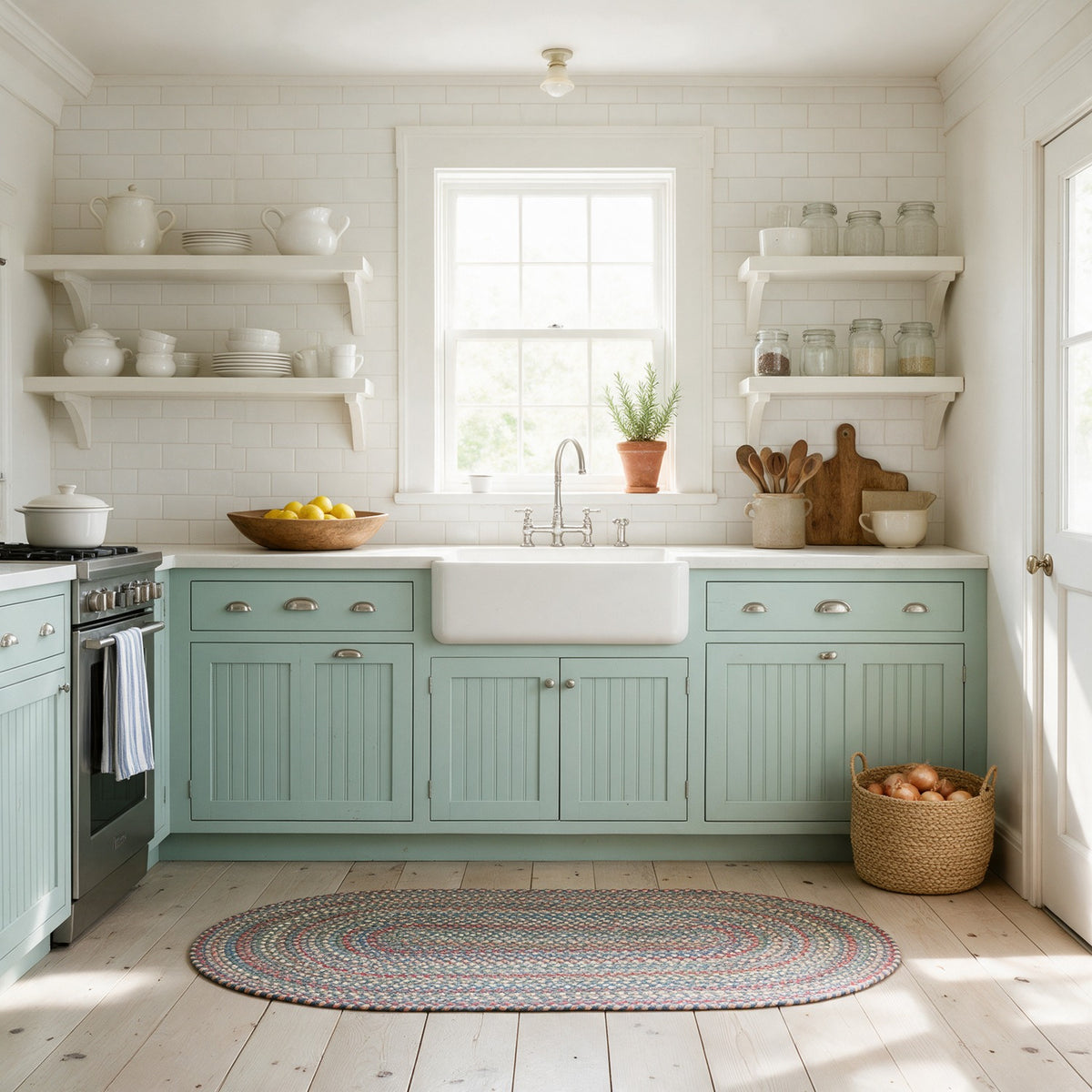 Roxbury Blue braided rug, 2x4 runner in a coastal cottage kitchen #Size_2' x 4' Runner