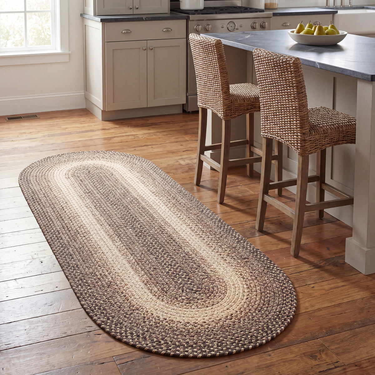 Ridgewood brown braided wool oval runner, 2x6 running the length of a farmhouse kitchen island #Size_2' x 6' Runner