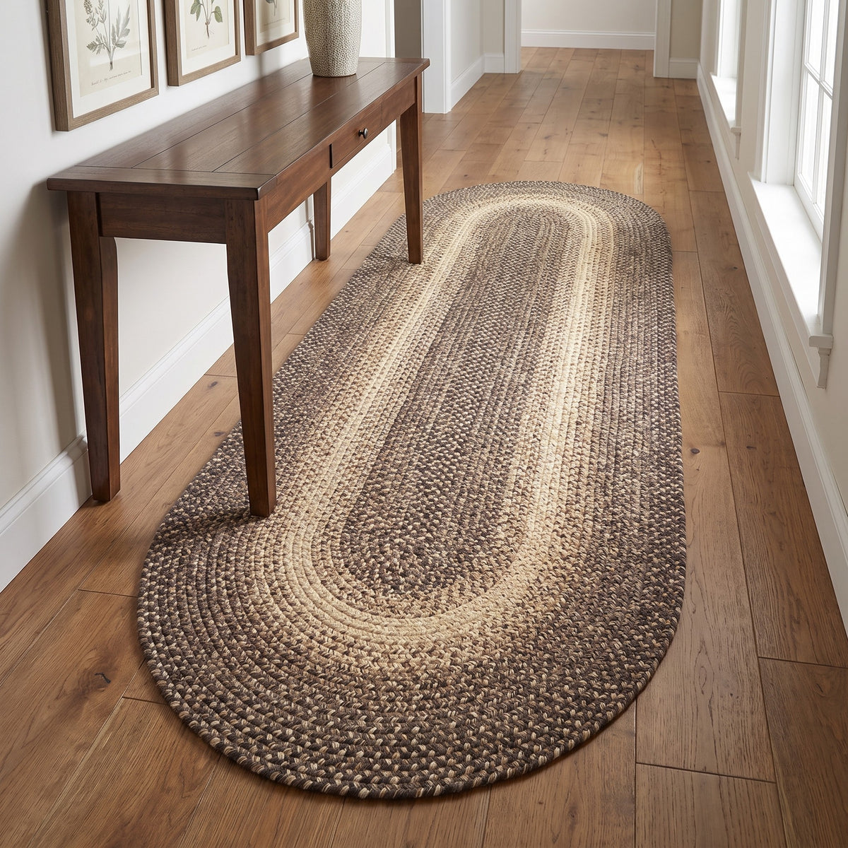 Ridgewood brown braided wool oval runner, 2x8 down a panelled farmhouse hallway #Size_2' x 8' Runner