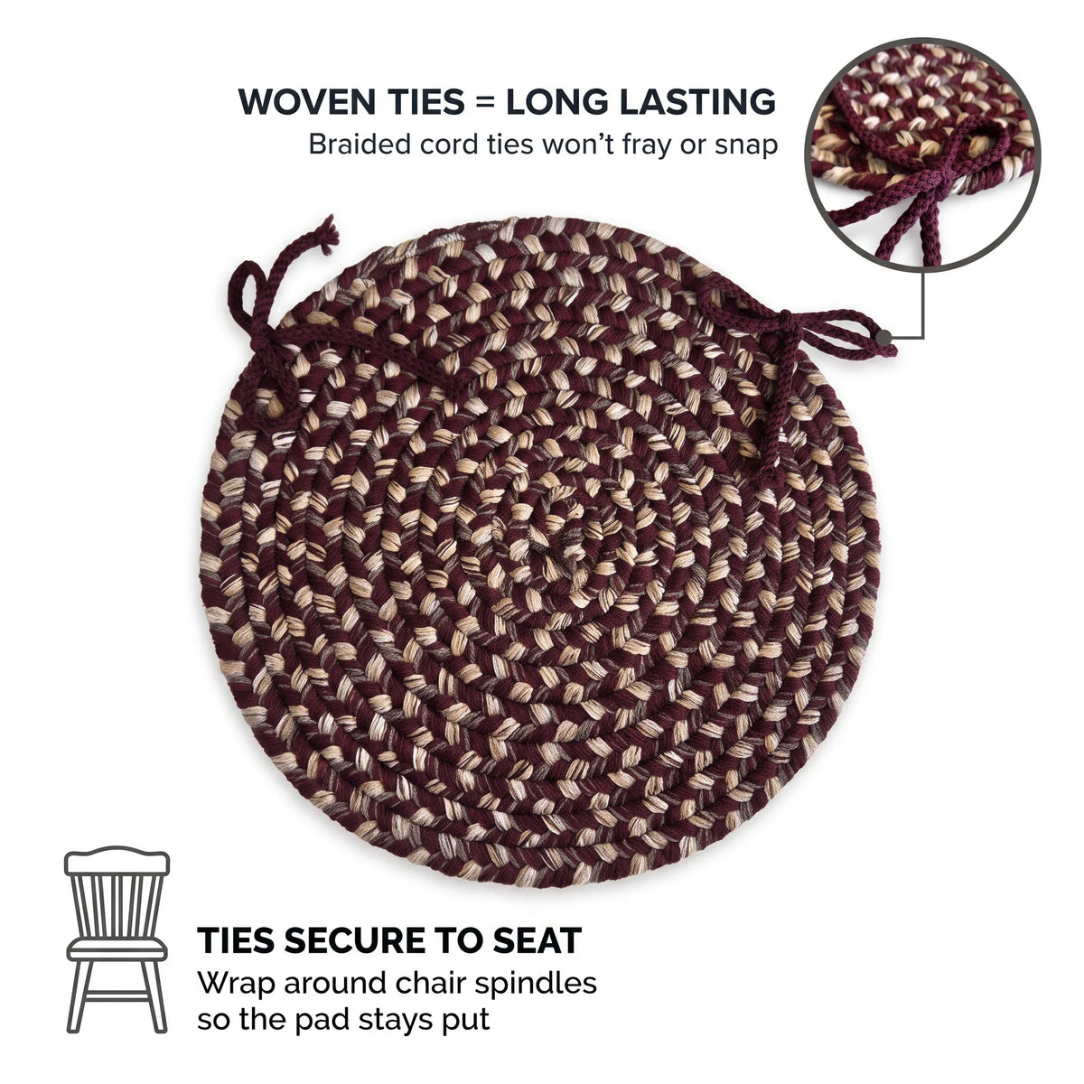 Ridgewood Braided Chair Pad - Burgundy - woven ties are long lasting and secure to the seat