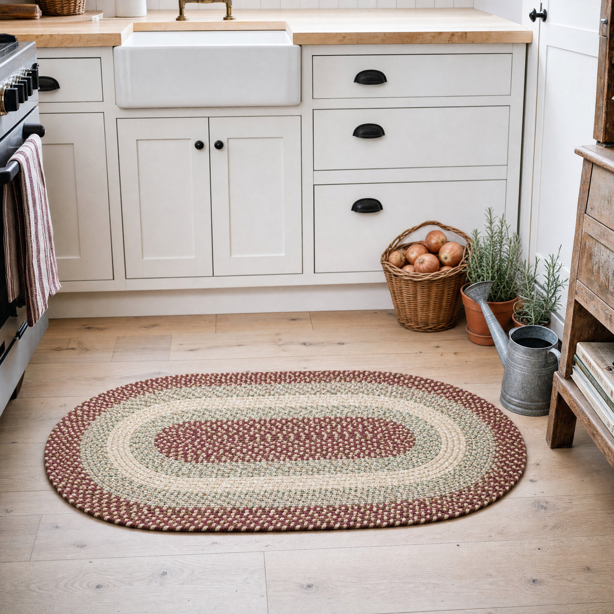 Ridgewood Burgundy braided rug, 2x3 oval accent rug in a farmhouse entry #Shape_Oval