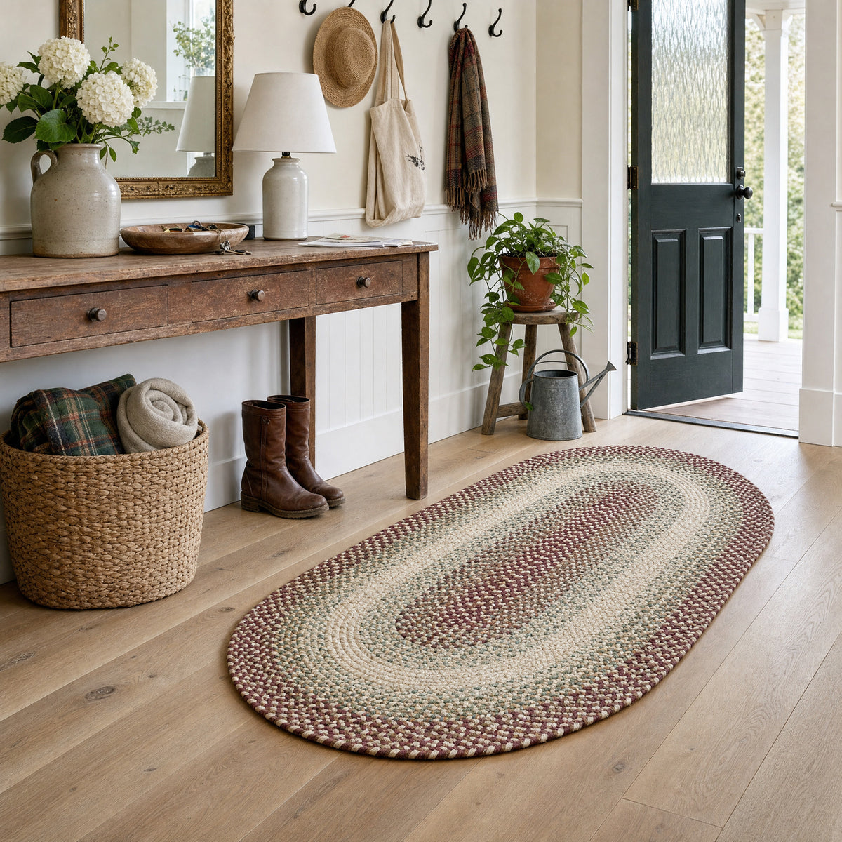 Ridgewood Burgundy braided rug, 3x5 oval in a farmhouse room #Shape_Oval