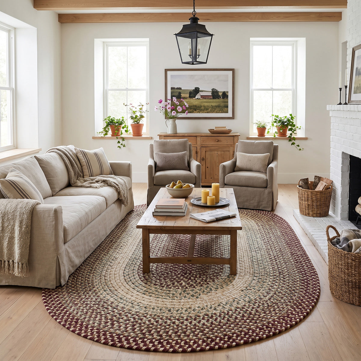 Ridgewood Burgundy braided rug, 8x11 oval in a farmhouse living room #Shape_Oval