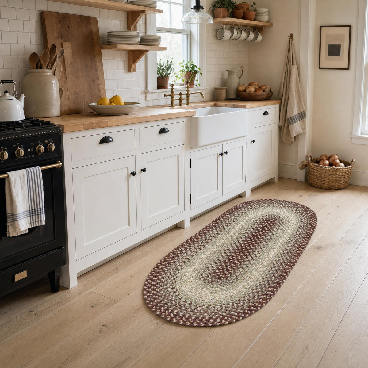 Ridgewood Burgundy braided rug, 2x4 runner in a farmhouse kitchen #Shape_Runner