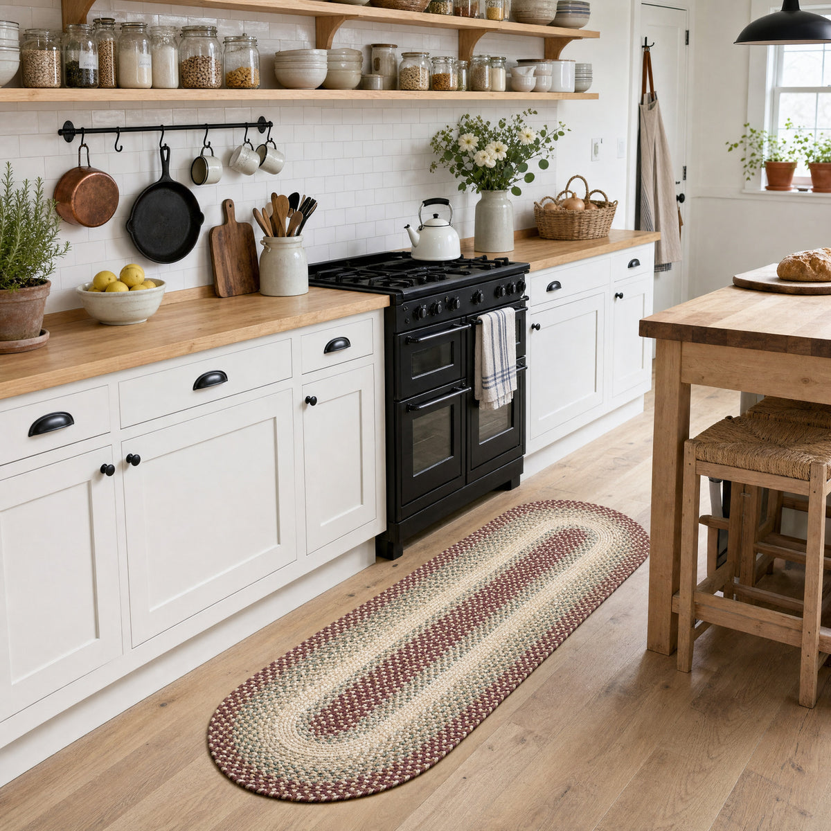 Ridgewood Burgundy braided rug, 2x6 runner in a farmhouse kitchen #Shape_Runner