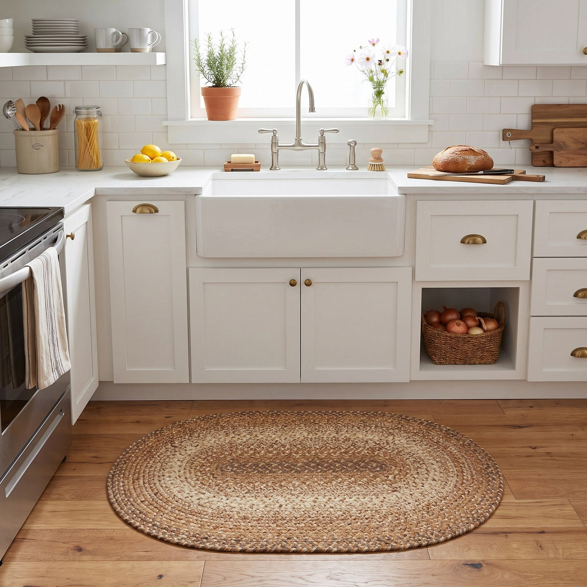 Ridgewood Taupe braided rug, 2x3 oval accent mat, in a farmhouse kitchen #Size_2' x 3' Oval