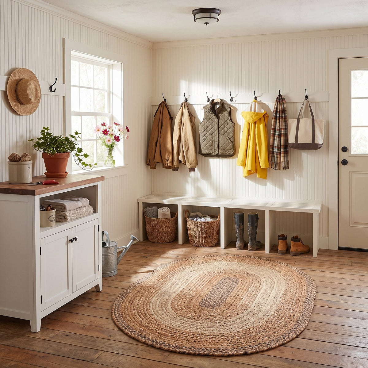 Ridgewood Taupe braided rug, 3x5 oval, in a farmhouse mudroom #Size_3' x 5' Oval