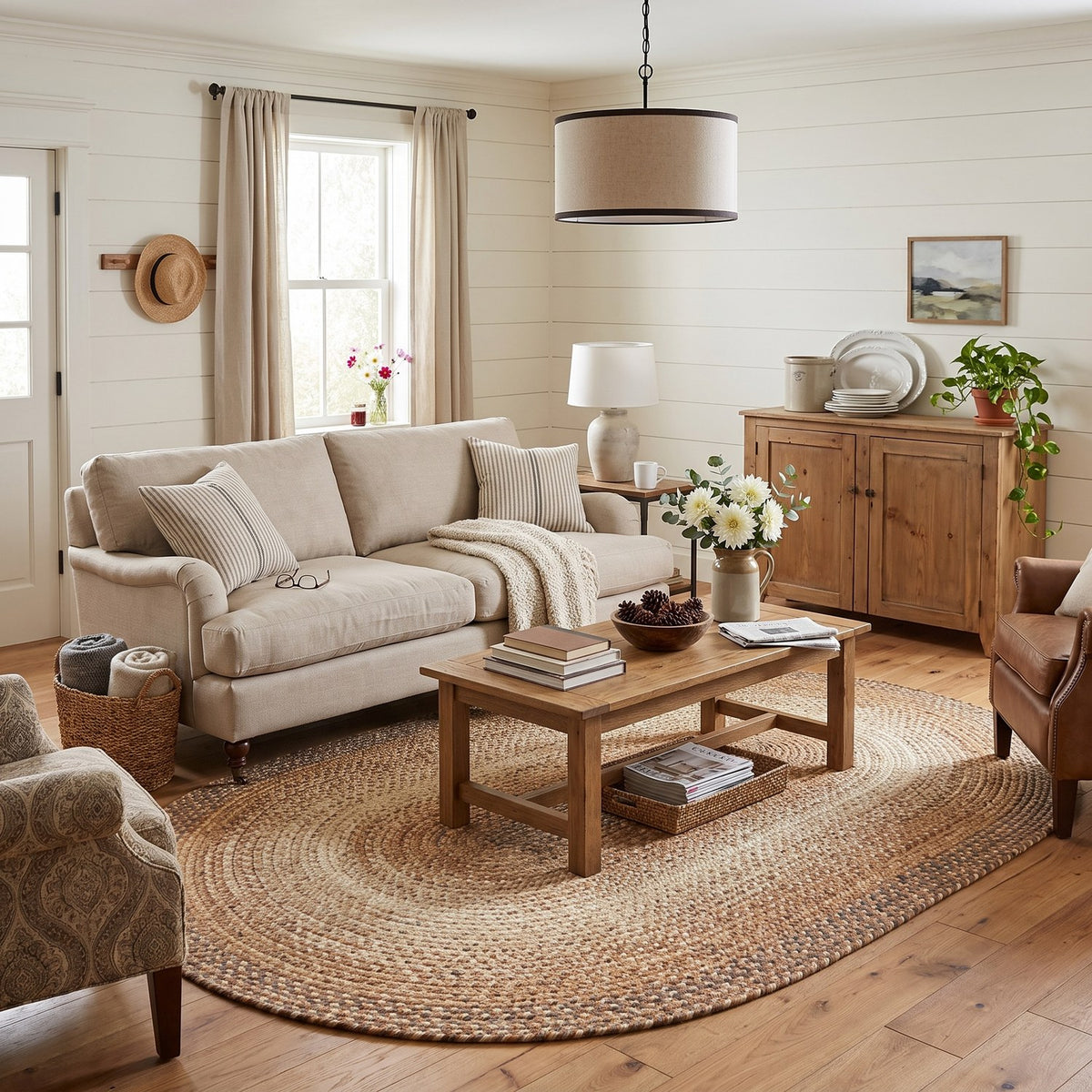 Ridgewood Taupe braided rug, 5x8 oval, in a farmhouse living room #Shape_Oval