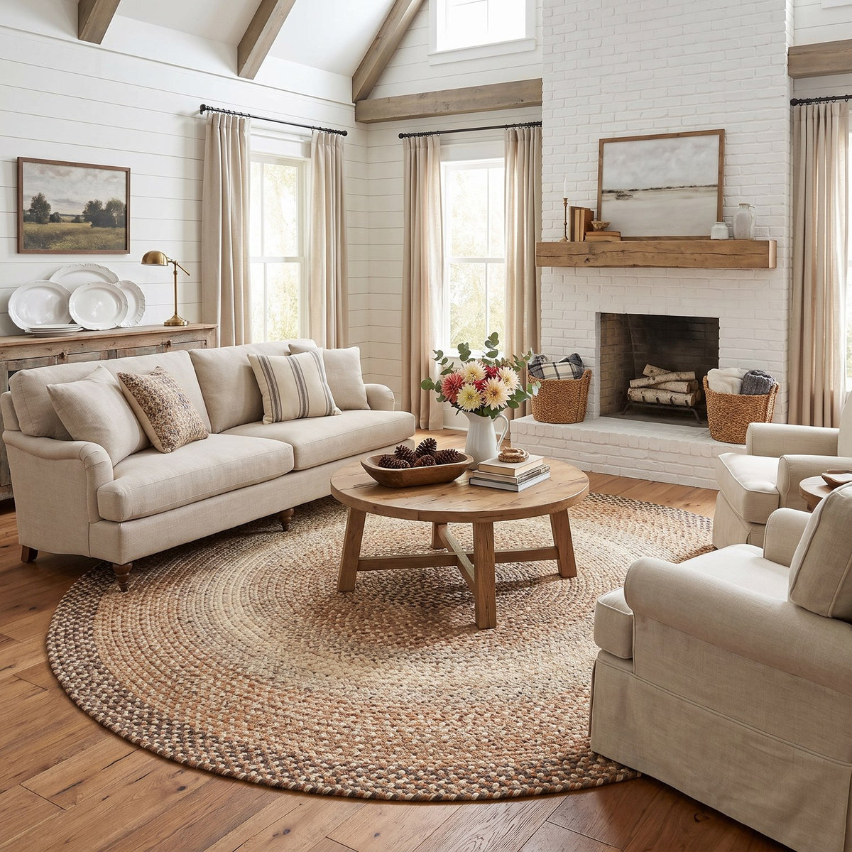Ridgewood Taupe braided rug, 10 foot round, in a farmhouse great room #Size_10' Round
