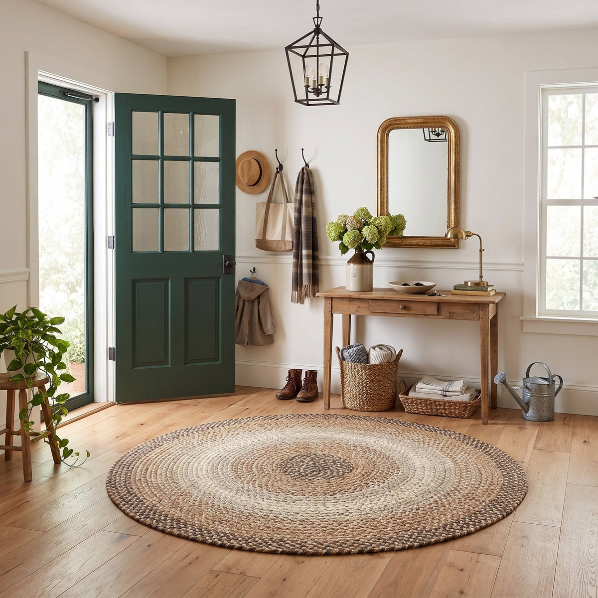 Ridgewood Taupe braided rug, 4 foot round, in a farmhouse entry hall #Size_4' Round