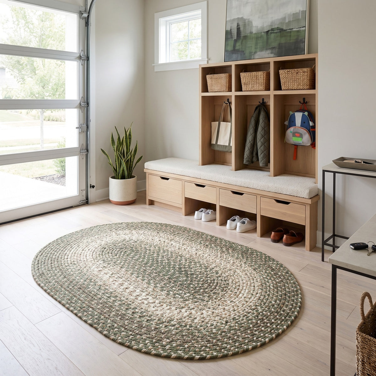Ridgewood Forest Green braided rug, 3x5 oval, in a mudroom #Size_3' x 5' Oval