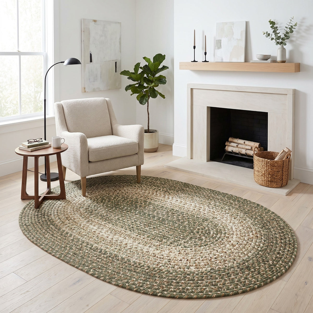 Ridgewood Forest Green braided rug, 4x6 oval, in a fireplace reading corner #Size_4' x 6' Oval
