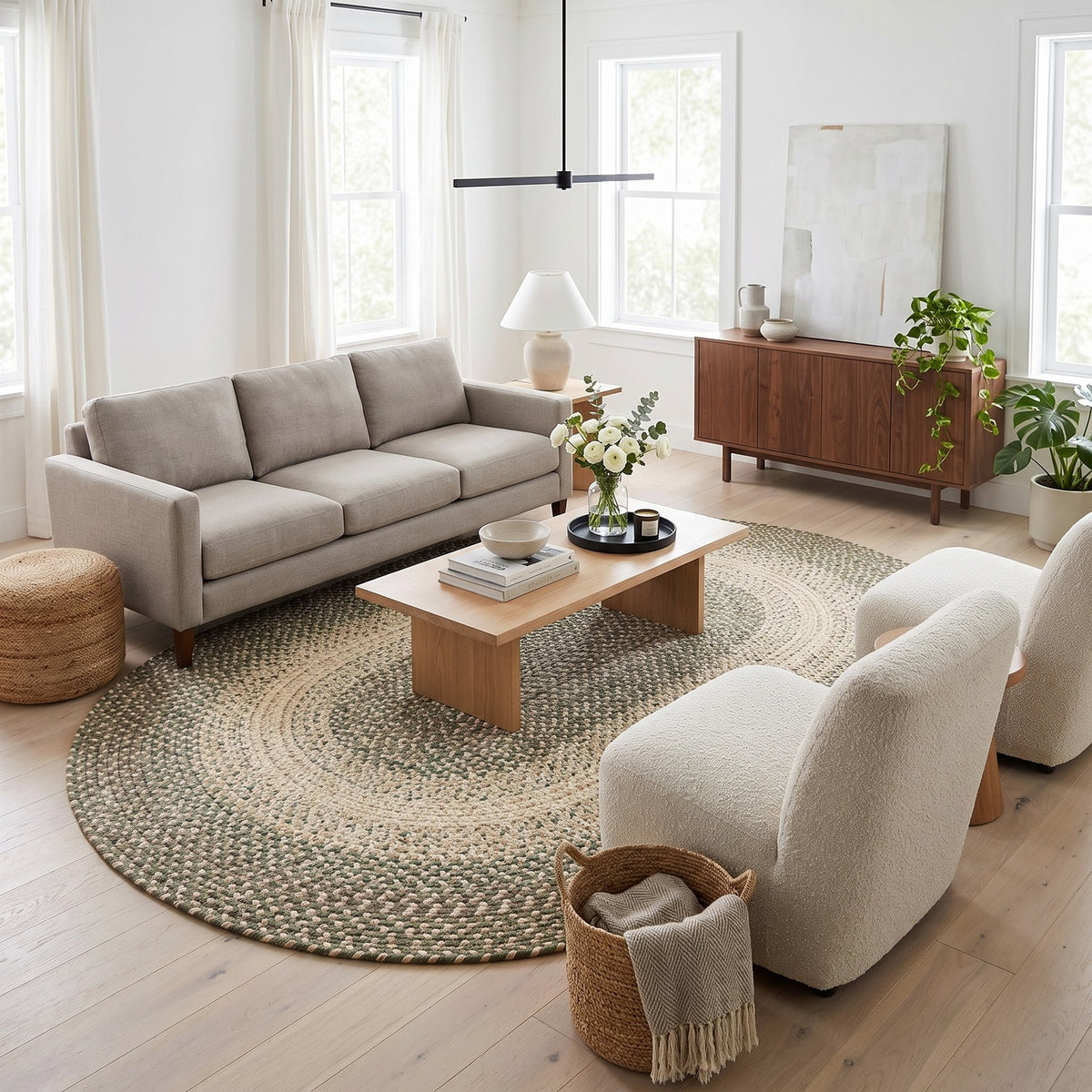 Ridgewood Forest Green braided rug, 7x9 oval, in a living room #Size_7' x 9' Oval